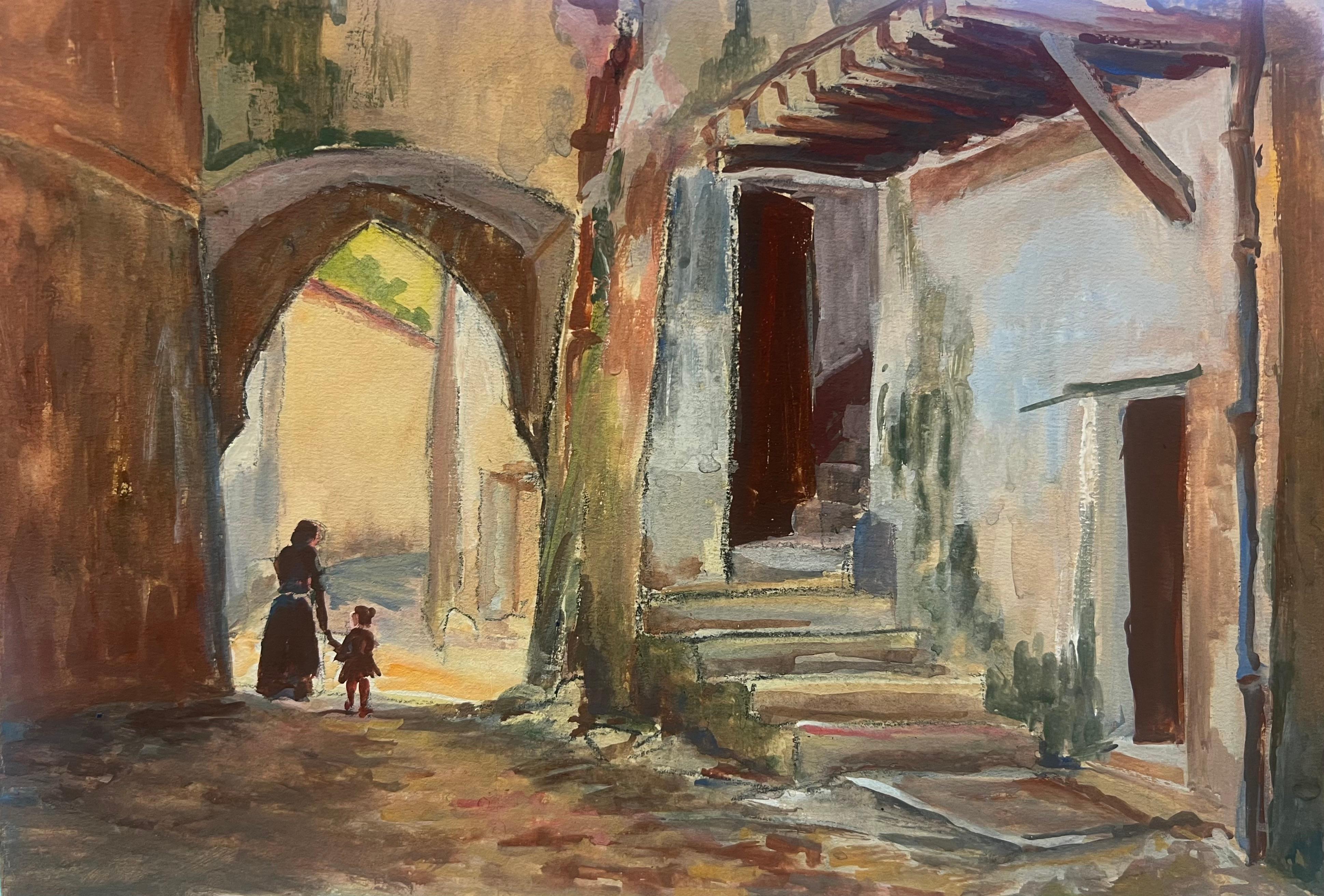Scena di villaggio francese con arco e figure Pittura impressionista