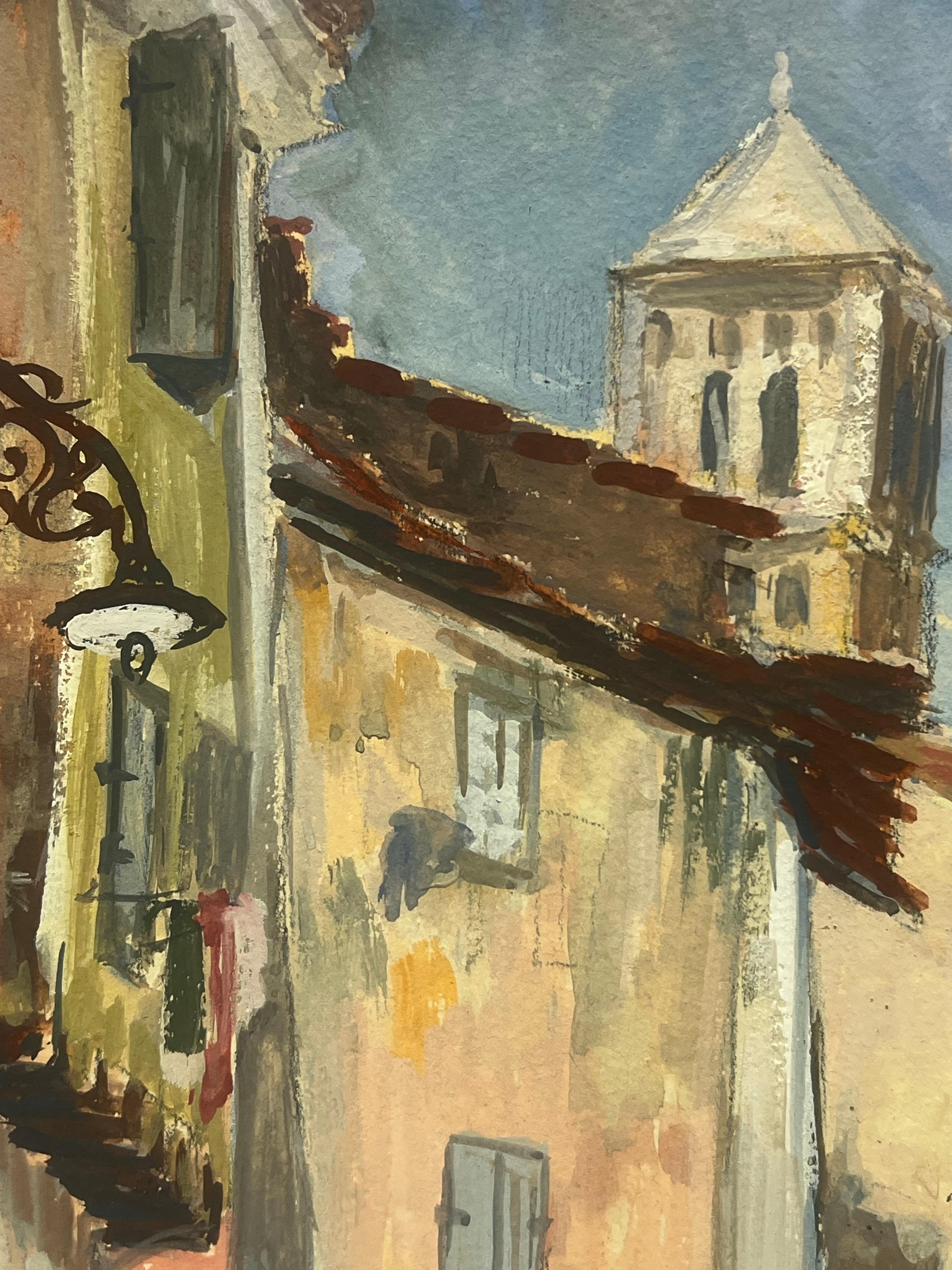 Escena callejera de la Aldea Francesa
de Regine David (artista francesa, 1910-2018)
pintura al gouache sobre papel de artista, sin enmarcar
jadeando: 10,5 x 7,5 pulgadas
Estado: Este cuadro está en excelente estado, con colores vibrantes y detalles