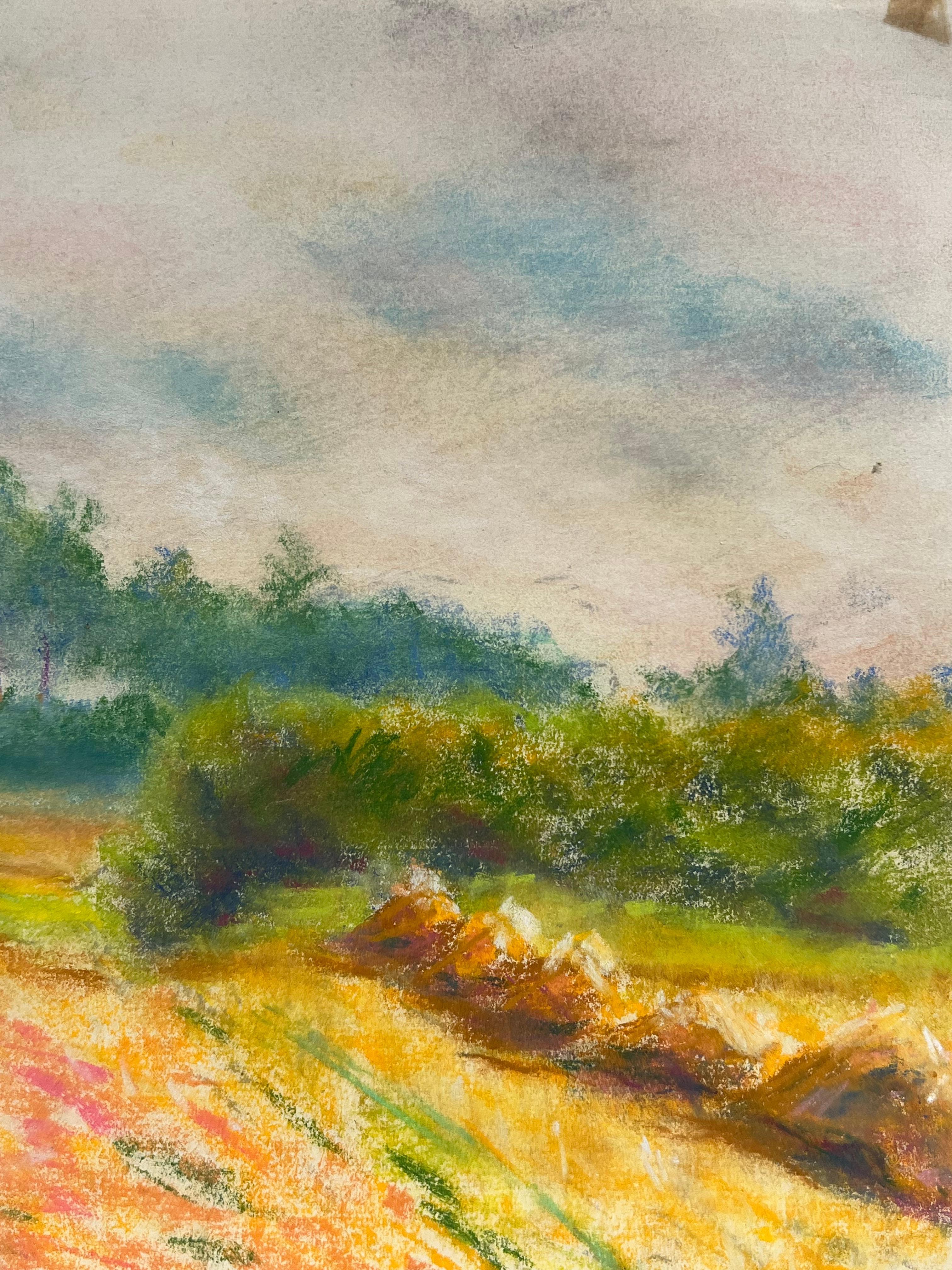 Campos Dorados de Cosecha Bajo un Cielo Nublado Un Paisaje Pastel de Tranquilidad Rural - Landscape Painting Marrón de Regine David