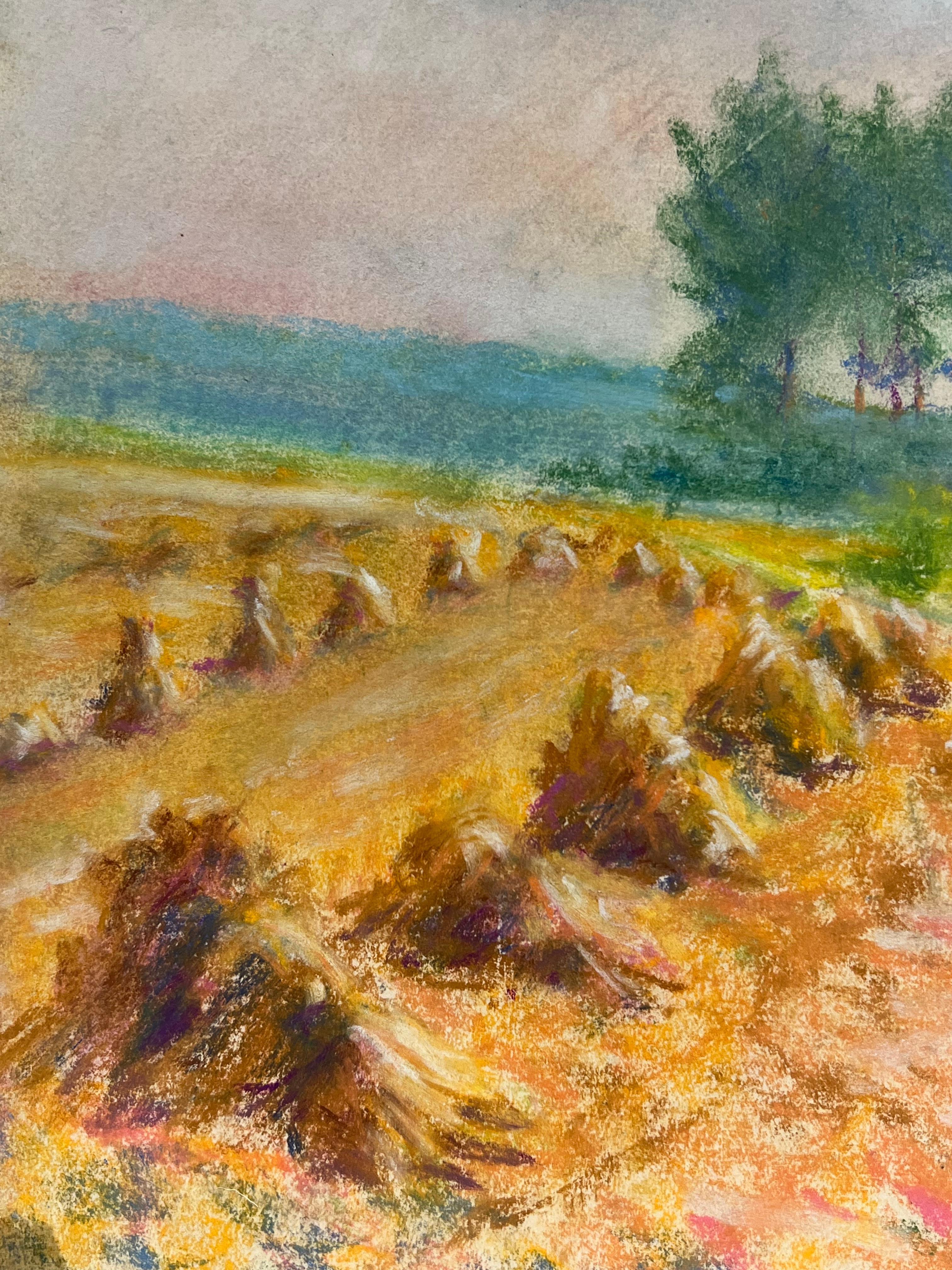 Campos Dorados de Cosecha Bajo un Cielo Nublado Un Paisaje Pastel de Tranquilidad Rural en venta 1