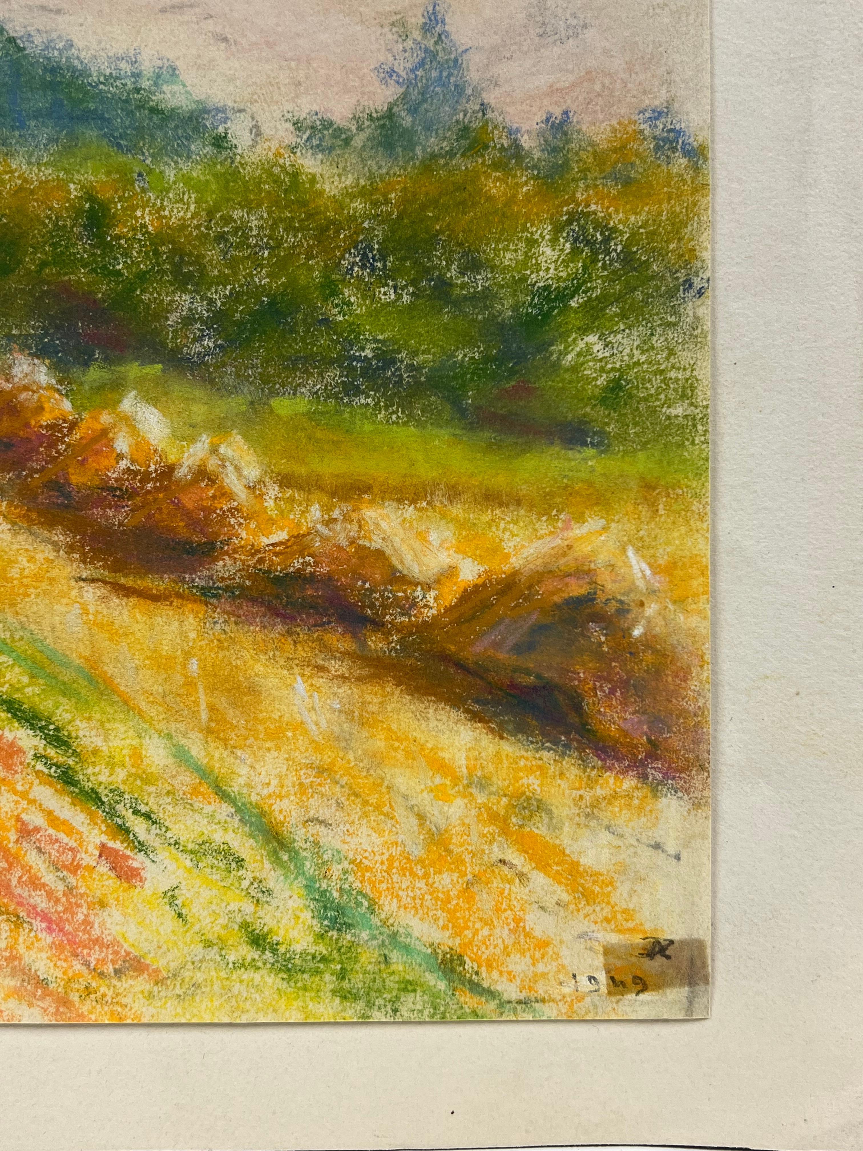 Campos Dorados de Cosecha Bajo un Cielo Nublado Un Paisaje Pastel de Tranquilidad Rural en venta 2