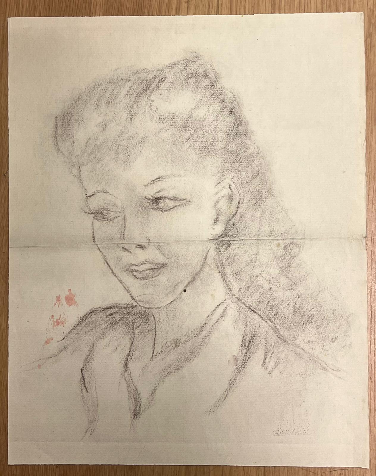 Elegante Retrato de Mujer Delicado Boceto al Carbón con Expresión Sutil - Painting de Regine David