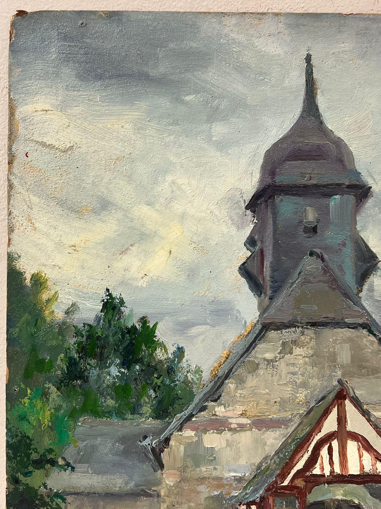 Chapelle historique en pierre avec entrée unique encadrée de bois et tour à cloches - Painting de Regine David