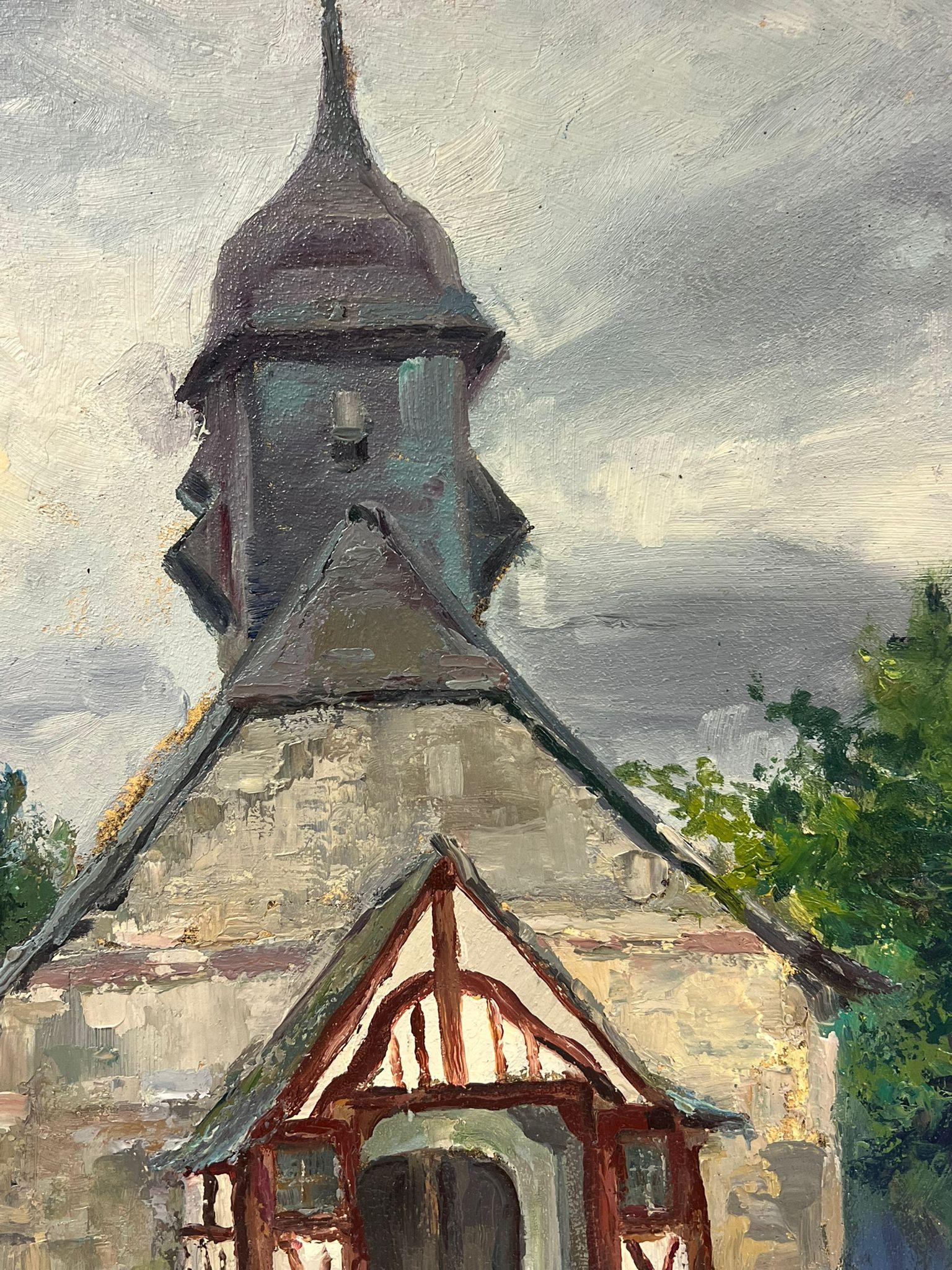Chapelle historique en pierre avec entrée unique encadrée de bois et tour à cloches - Post-impressionnisme Painting par Regine David