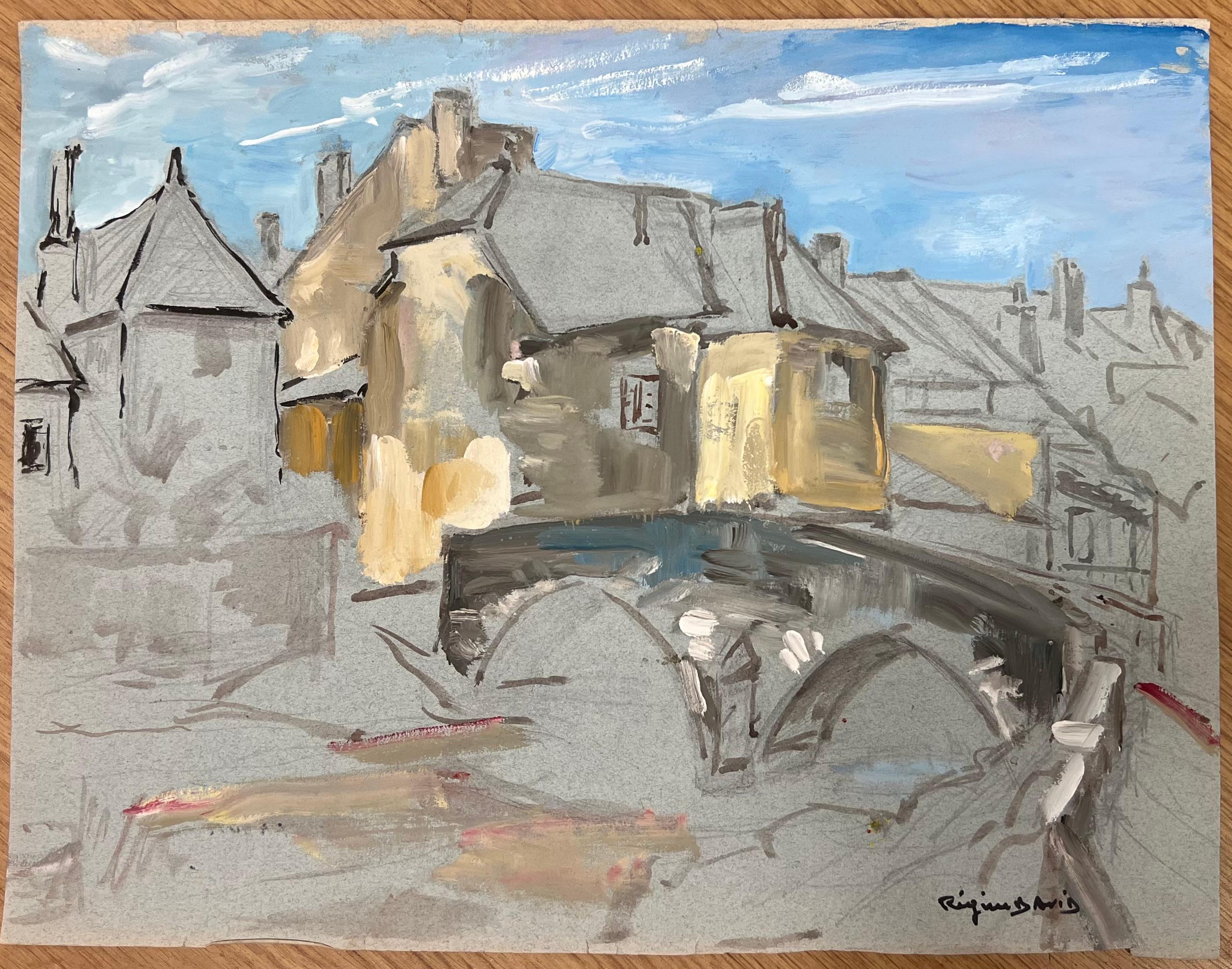 Représentation impressionniste d'une scène de village français pittoresque avec pont en pierre - Painting de Regine David