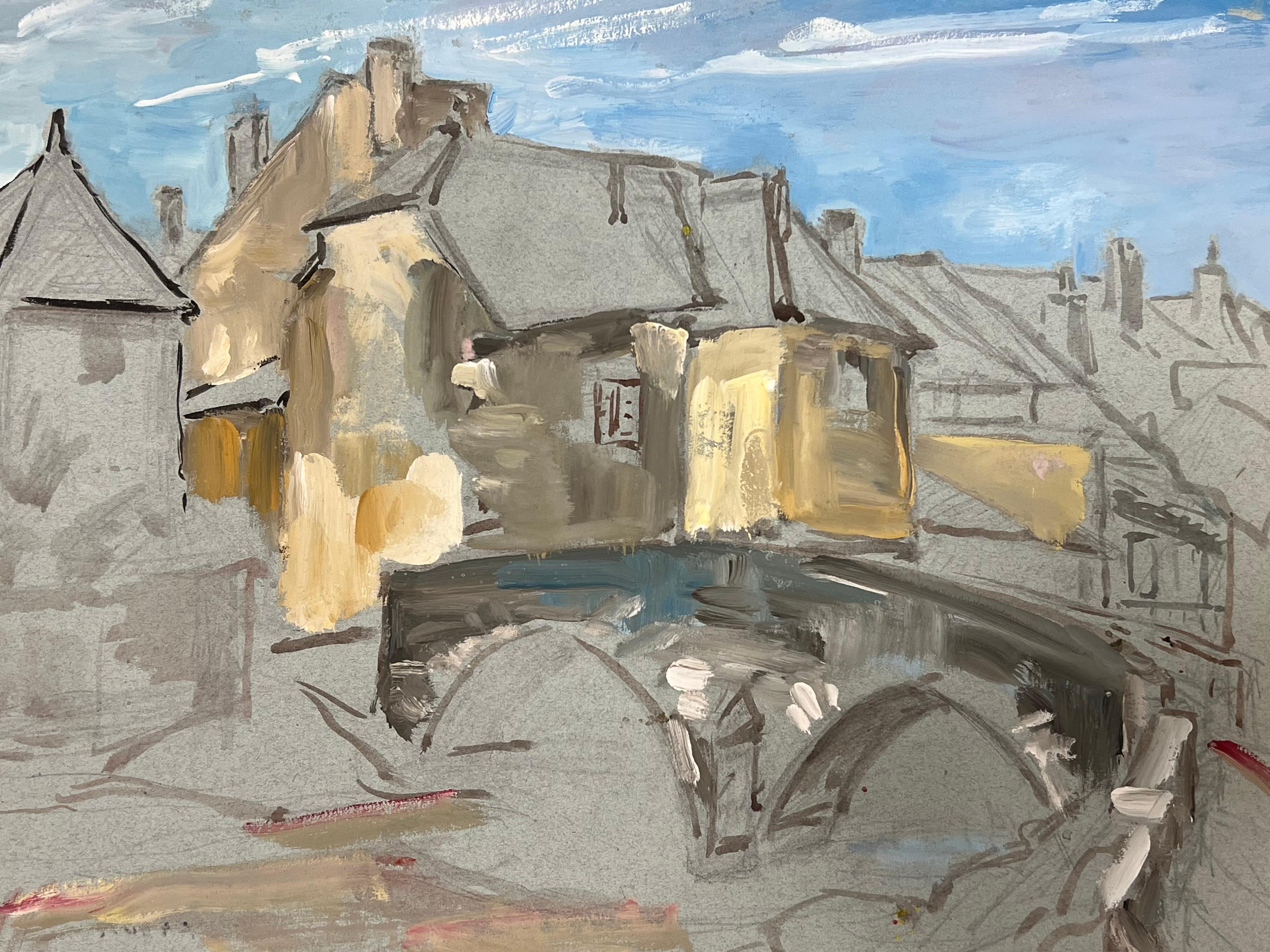 Représentation impressionniste d'une scène de village français pittoresque avec pont en pierre - Post-impressionnisme Painting par Regine David