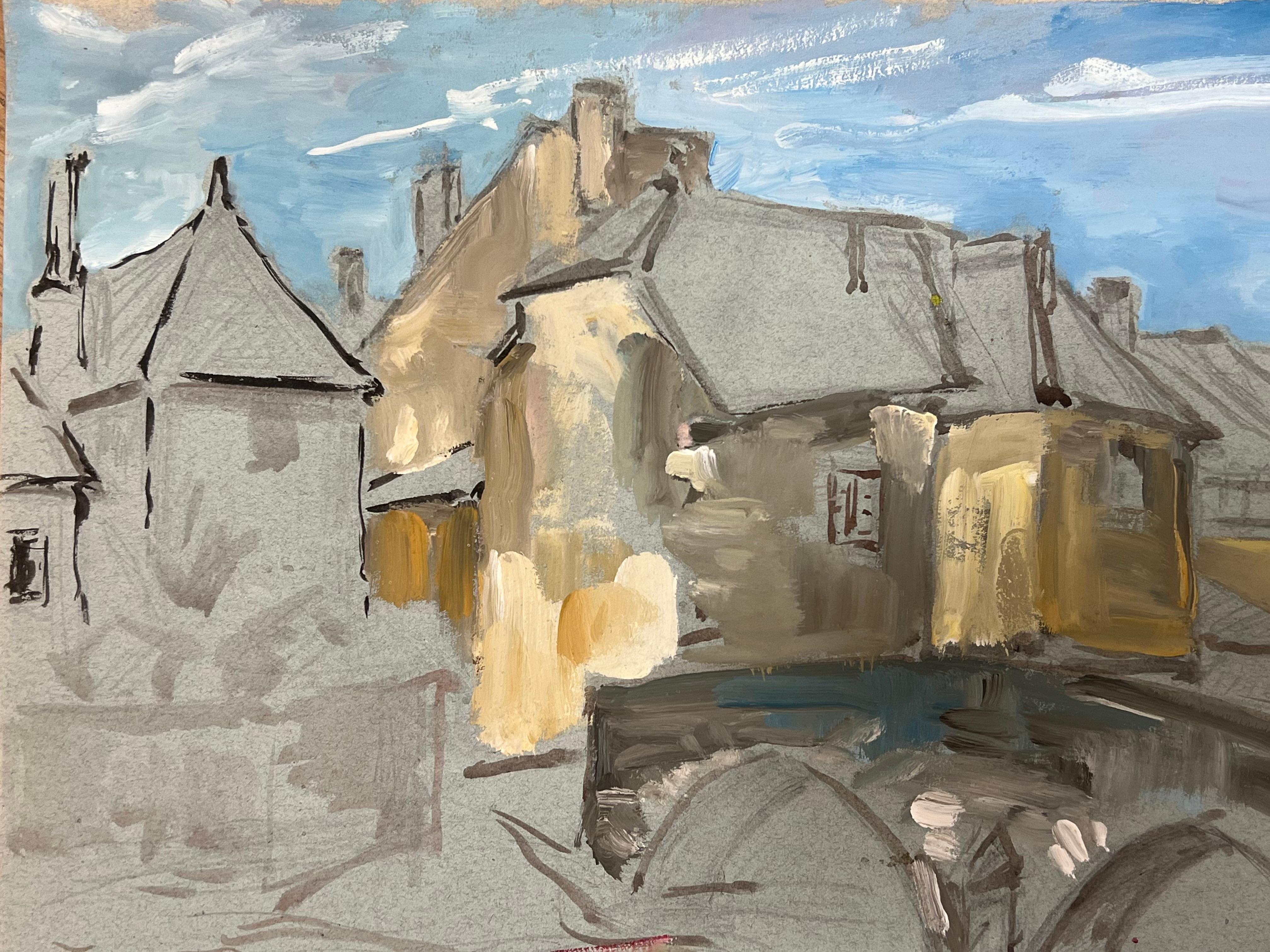 Représentation impressionniste d'une scène de village français pittoresque avec pont en pierre - Gris Figurative Painting par Regine David