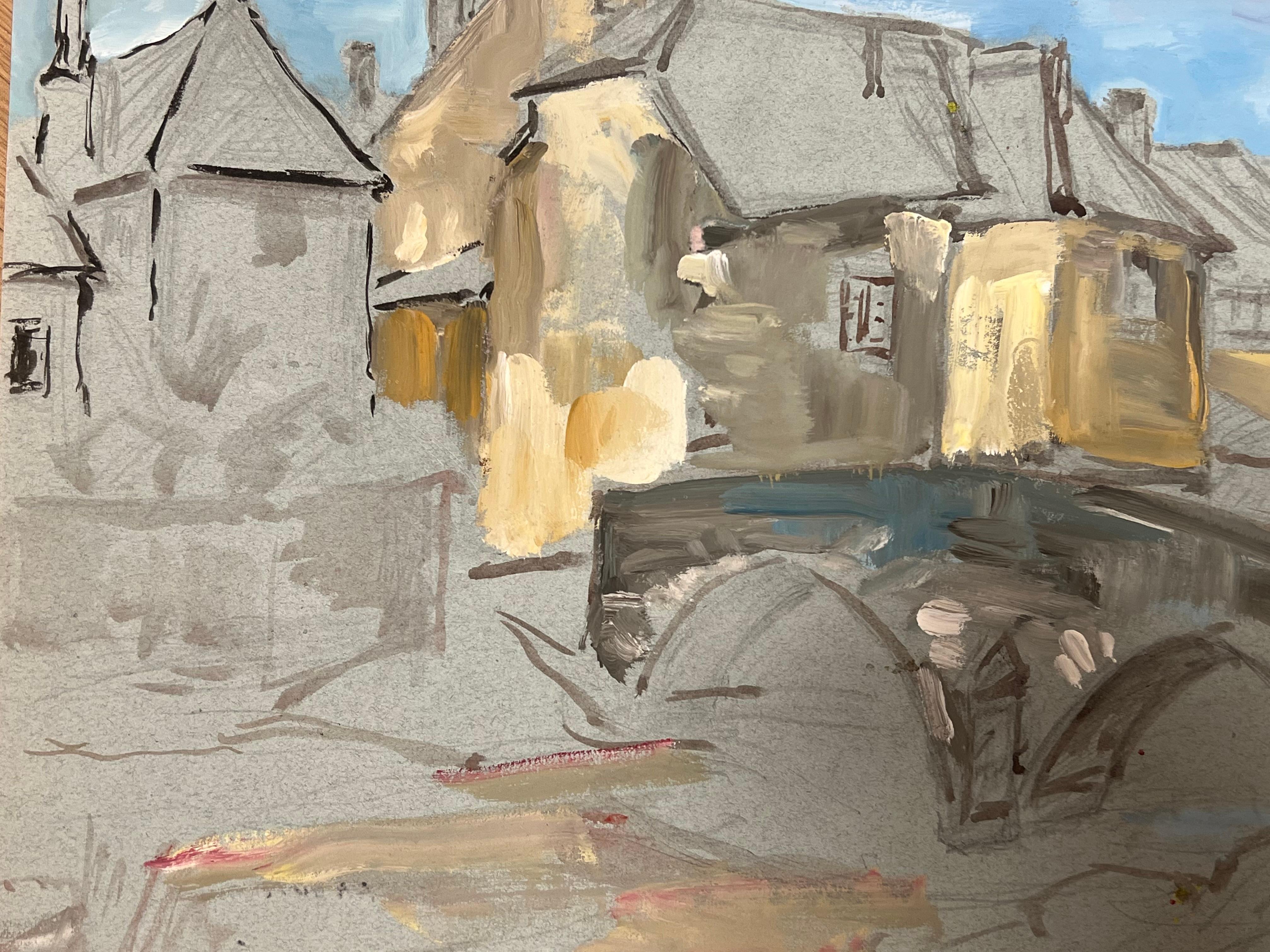 Scène de village français
signé par Regine David (artiste française, 1910-2018)
peinture à l'eau sur papier d'artiste, non encadrée
haletant : 13 x 16,5 pouces
état : Cette peinture est en excellent état, avec des couleurs vibrantes et des détails