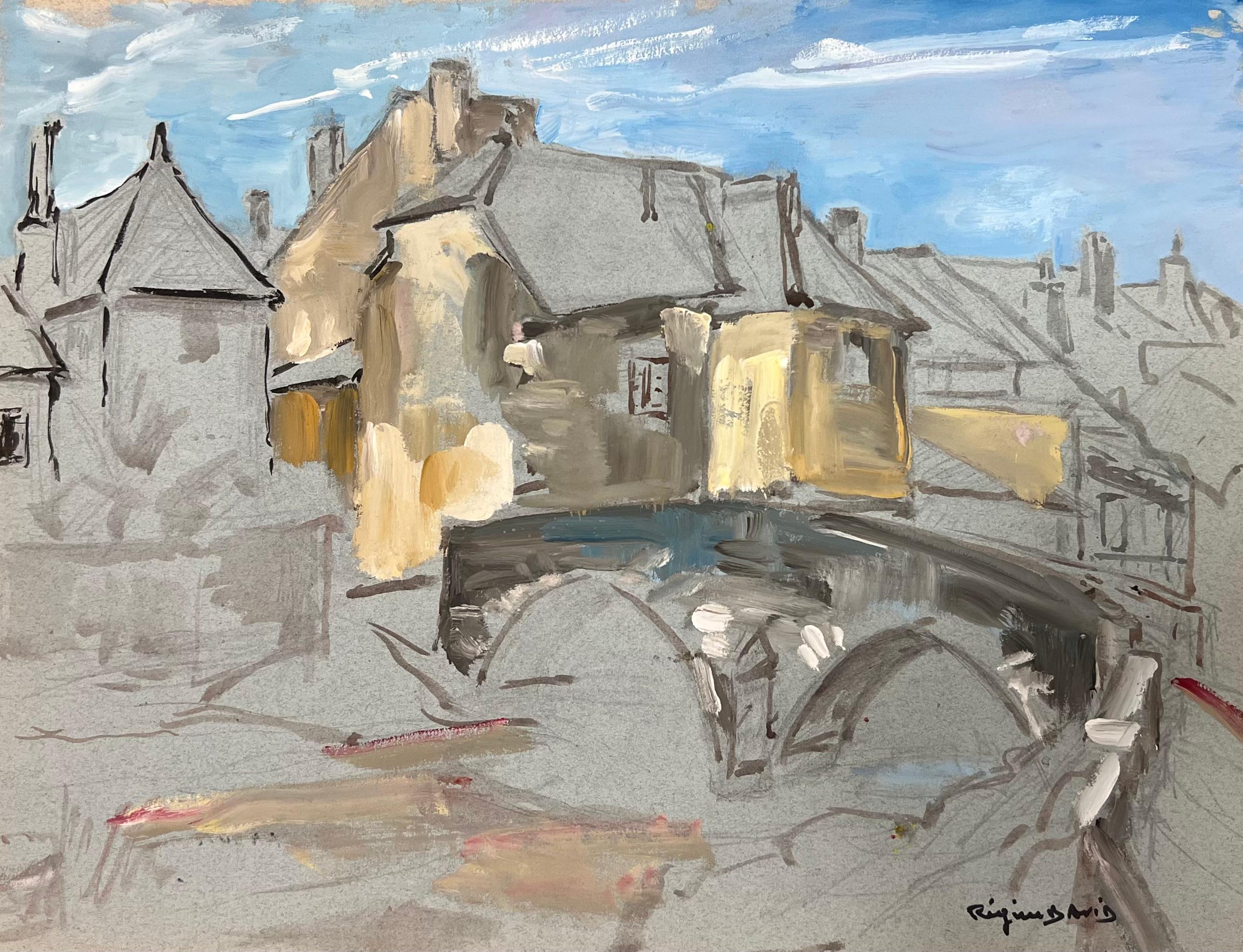 Impressionistische Darstellung einer malerischen französischen Dorfszene mit Steinbrücke