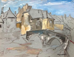 Raffigurazione impressionistica di un caratteristico villaggio francese con ponte di pietra