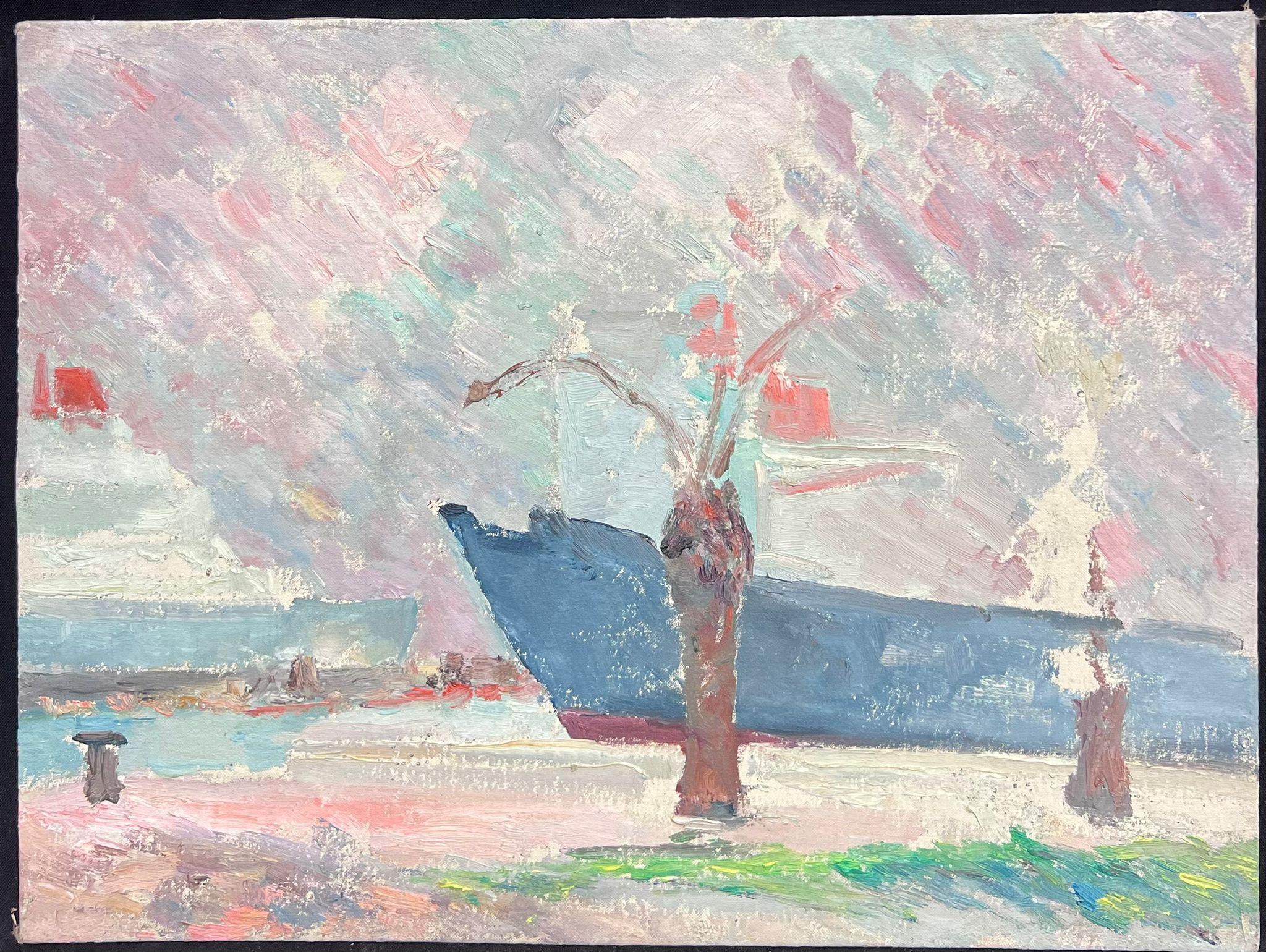 Impressionistic Pink and Blue Harbour Scene with Boats Vibrant Oil Painting - Gray Landscape Painting by Regine David