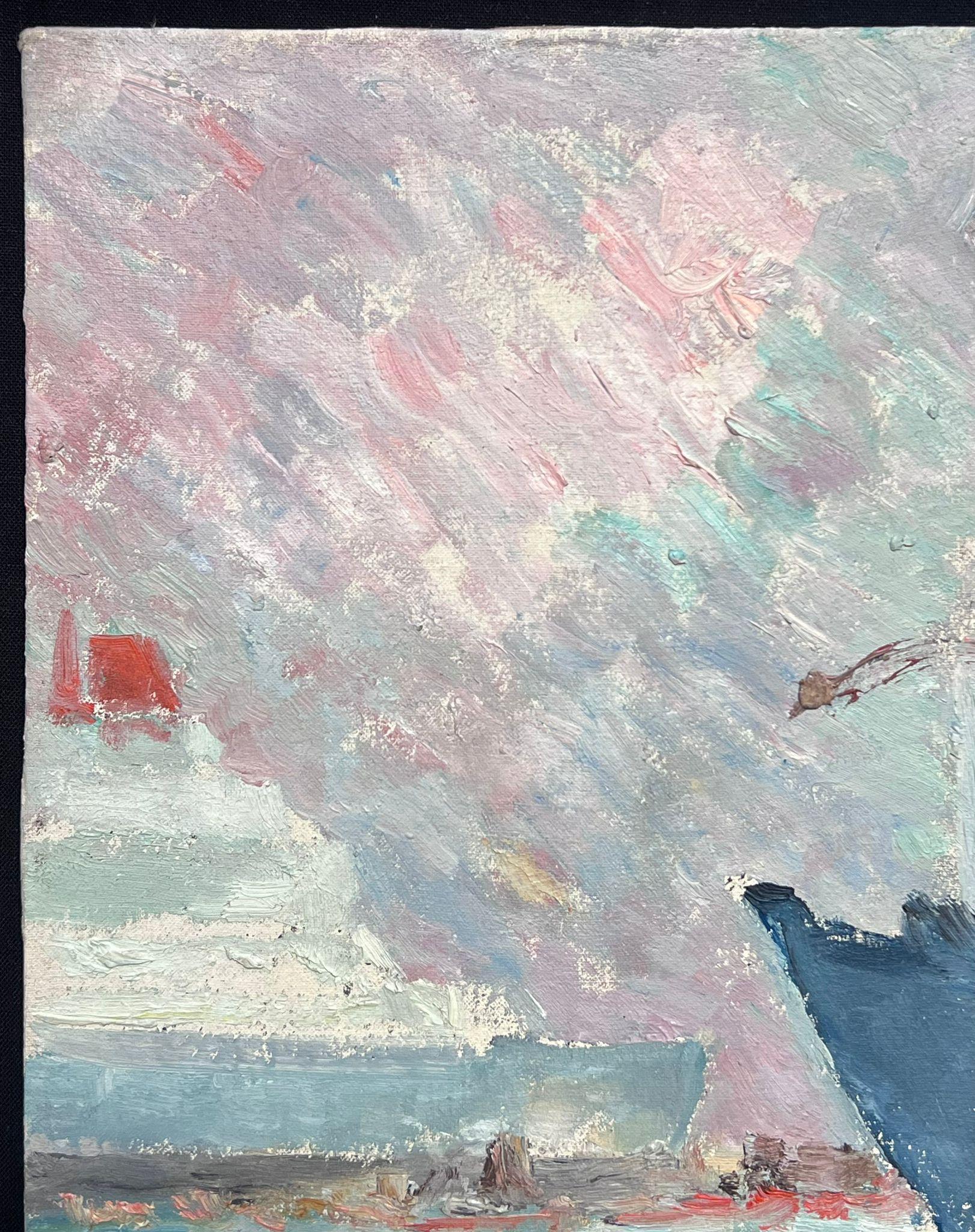 Harbour Scene
by Regine David (female French artist, 1910-2018)
oil painting on board, unframed
measures: 10.5 x 14 inches
condition: This painting is in excellent condition, with vivid colors and well-preserved details. The board is intact, showing