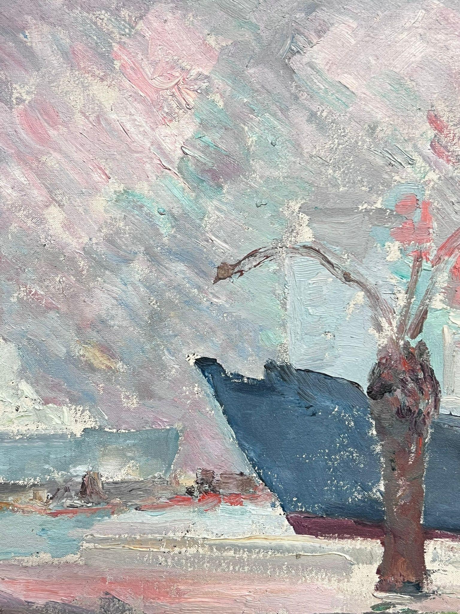 Impressionistic Pink and Blue Harbour Scene with Boats Vibrant Oil Painting 1