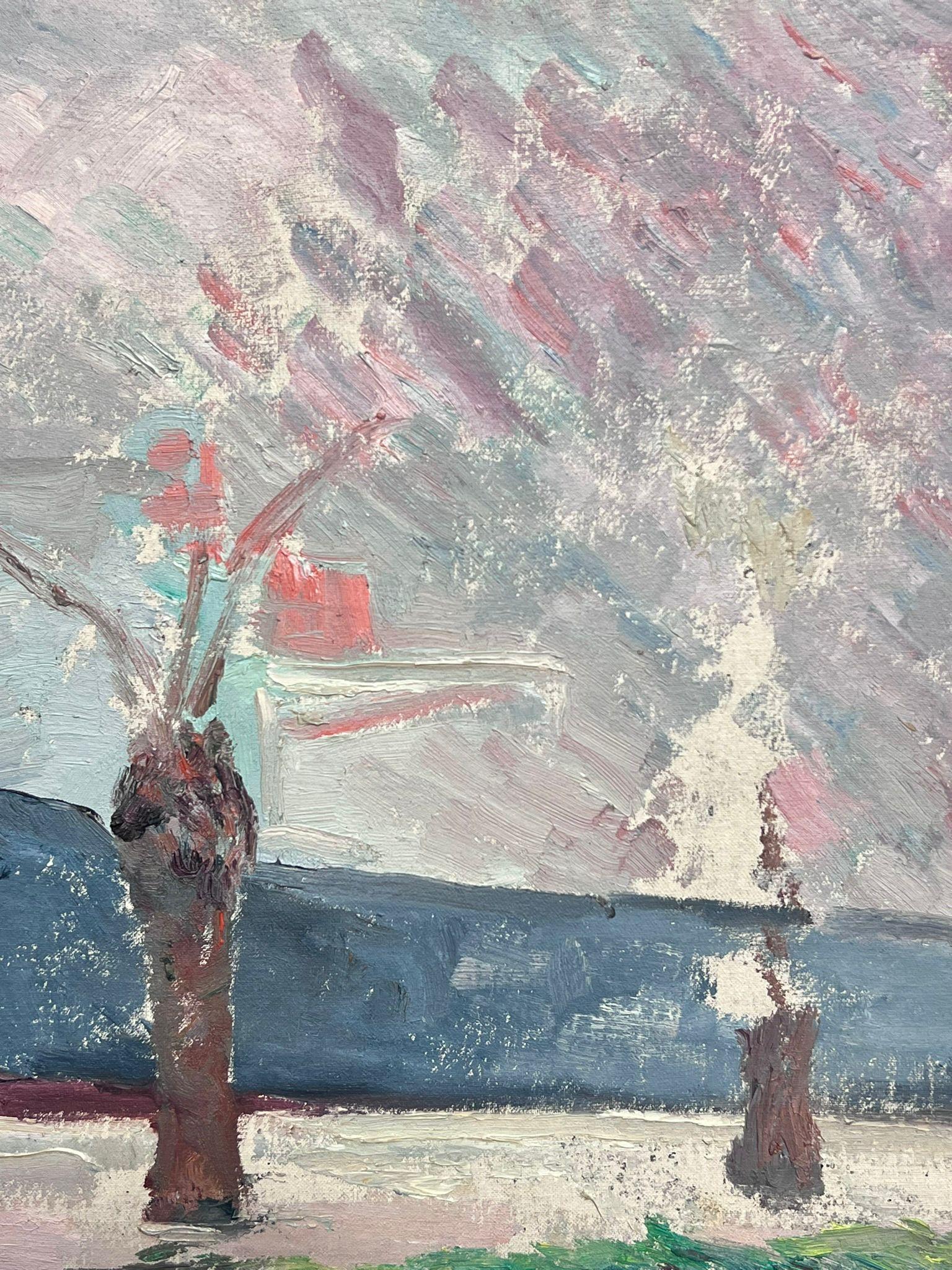 Impressionistic Pink and Blue Harbour Scene with Boats Vibrant Oil Painting 2