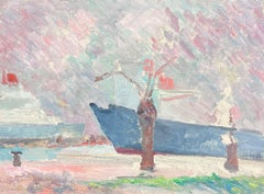 Impressionistic Pink and Blue Harbour Scene with Boats Vibrant Oil Painting