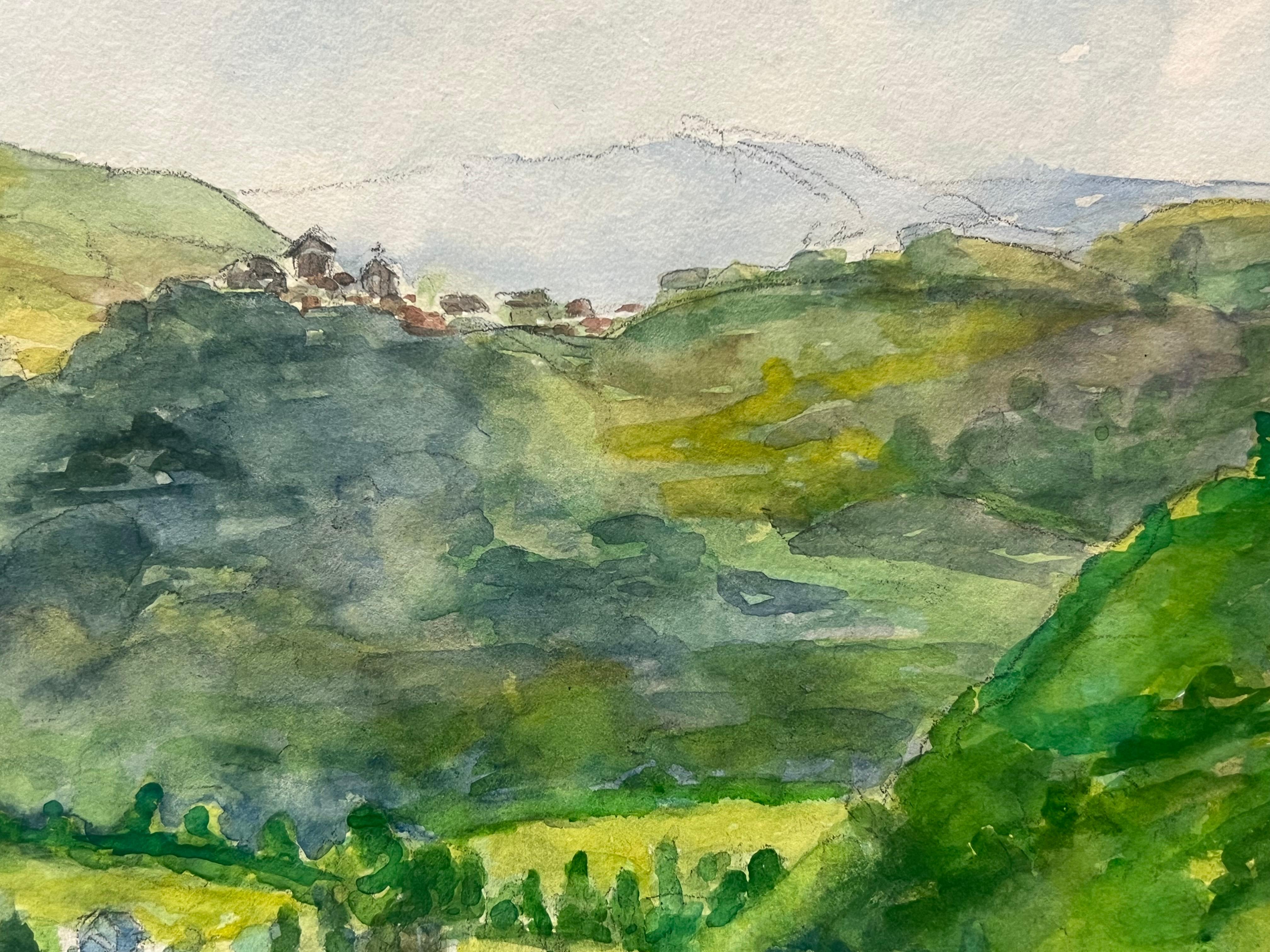 Paisaje impresionista en acuarela que representa las colinas ondulantes del valle de Correze - Painting de Regine David