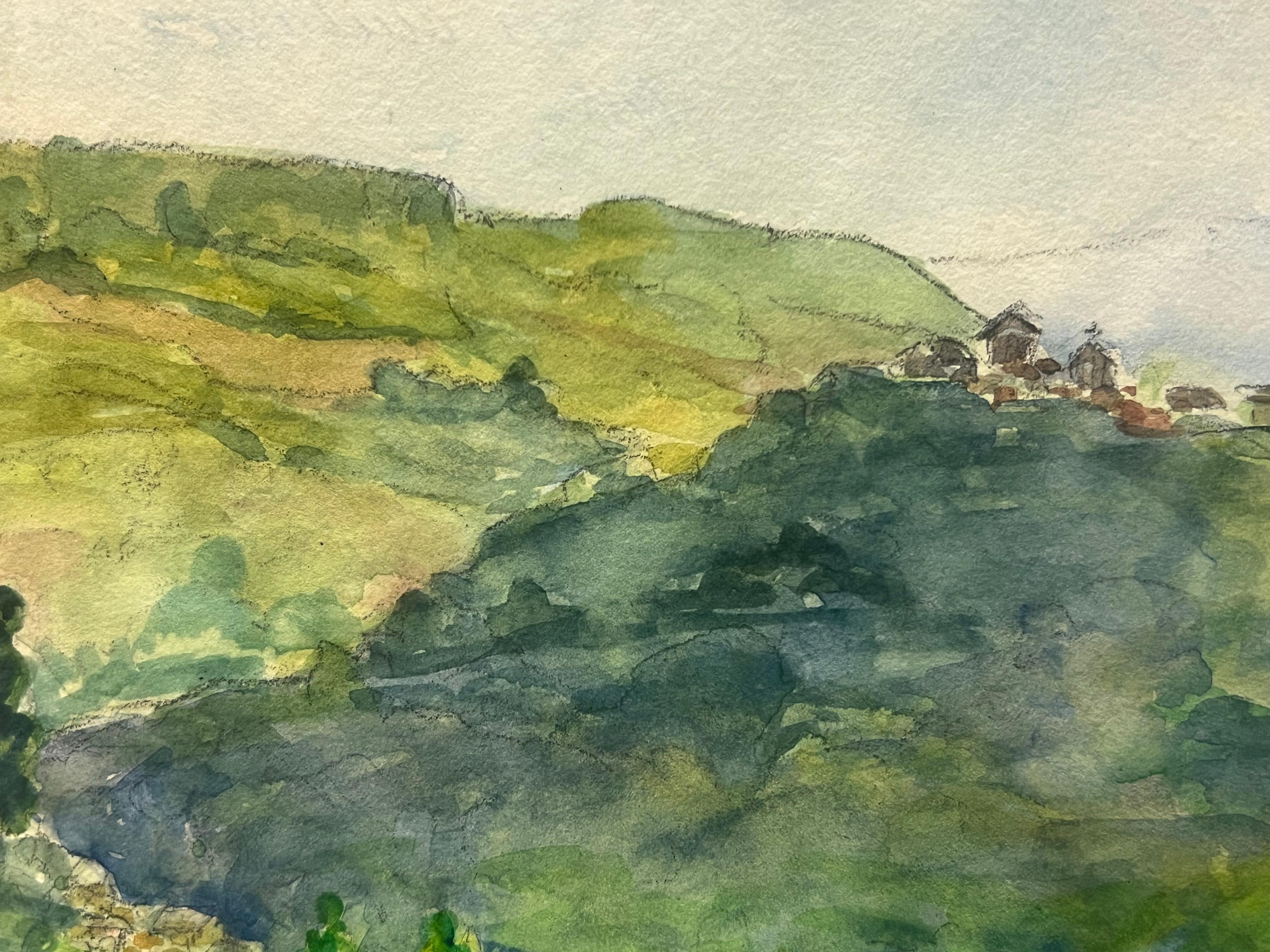 Paisaje impresionista en acuarela que representa las colinas ondulantes del valle de Correze - Painting Posimpresionista de Regine David