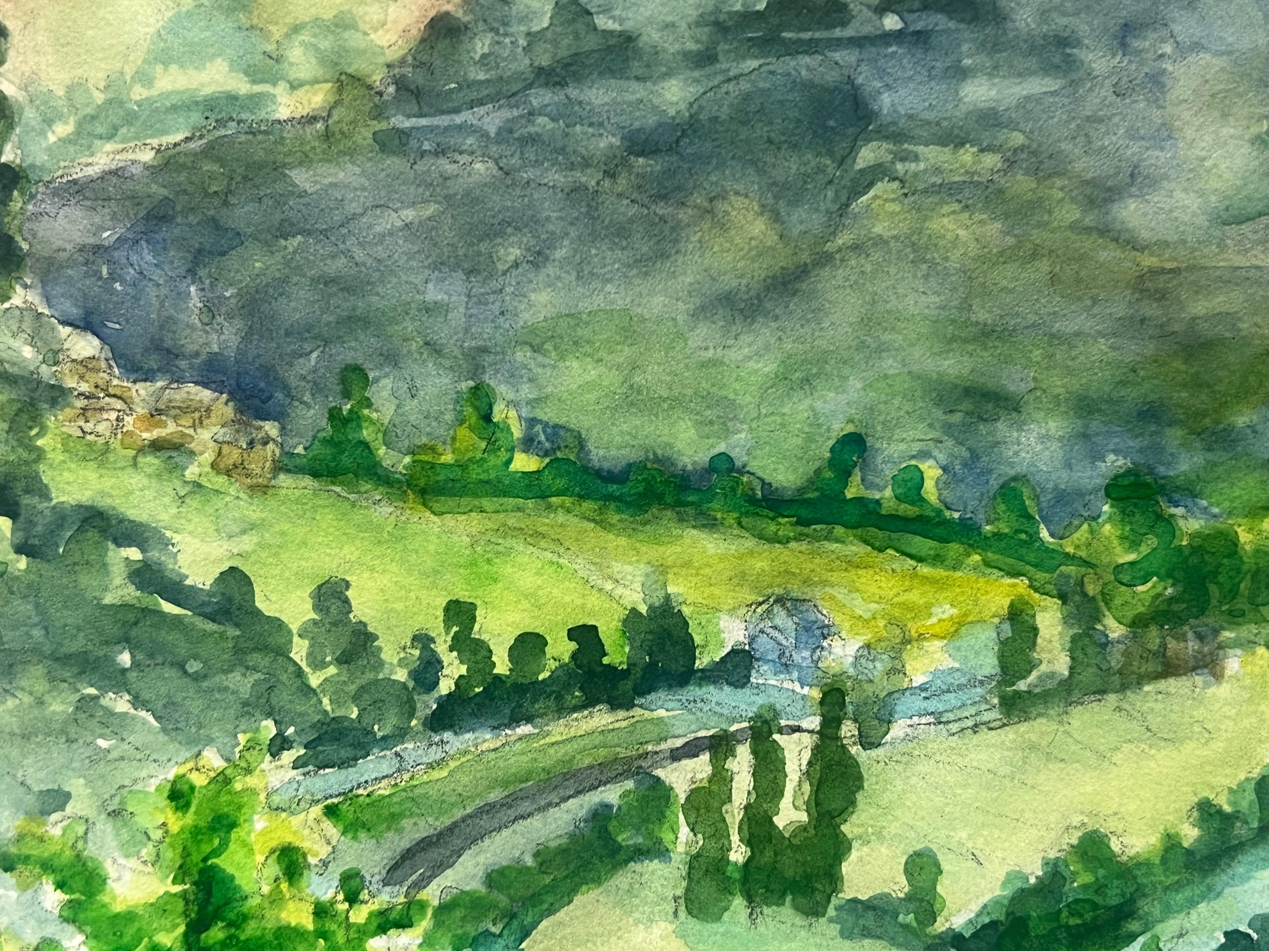 Paisaje impresionista en acuarela que representa las colinas ondulantes del valle de Correze - Landscape Painting Gris de Regine David