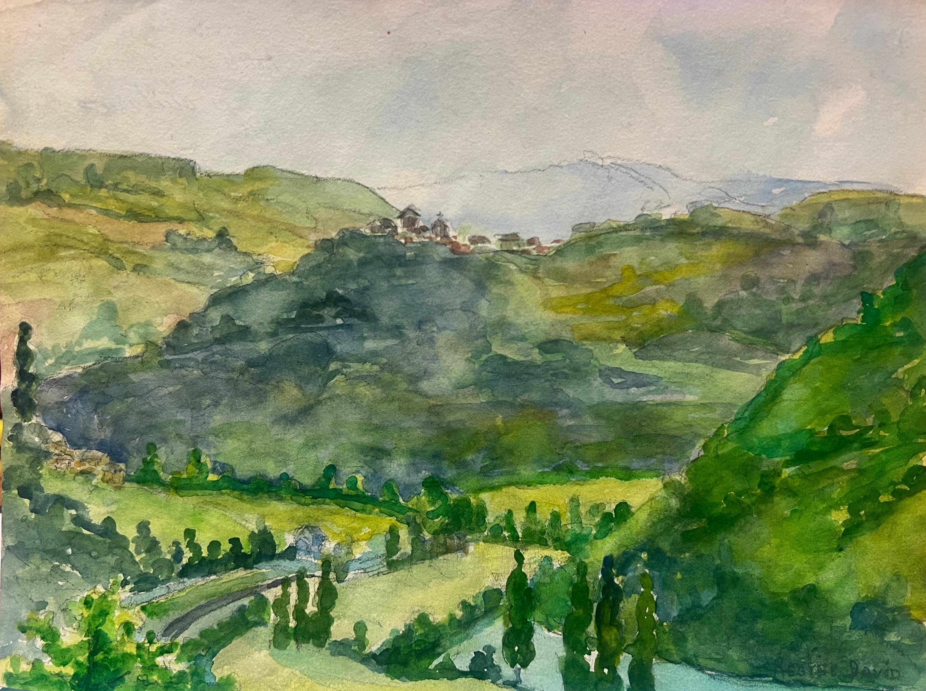 Landscape Painting de Regine David - Paisaje impresionista en acuarela que representa las colinas ondulantes del valle de Correze