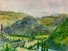 Impressionistische Aquarell-Landschaft mit der Darstellung von Correze Valley Rolling Hills