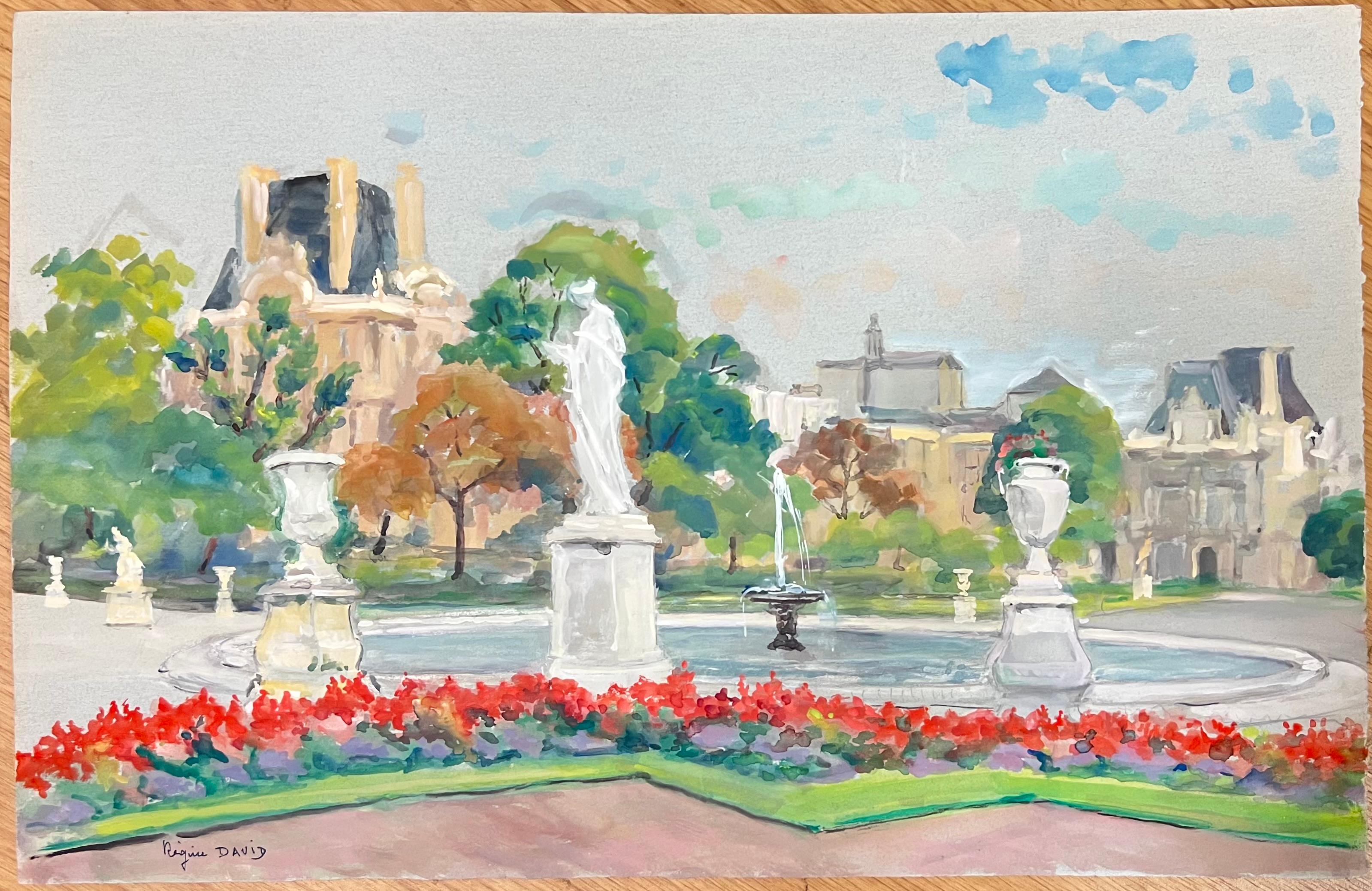 Jardins du Tuilieries Paris Park Szene Blumen & The Louvre 1950er Jahre Französisch Öl – Painting von Regine David