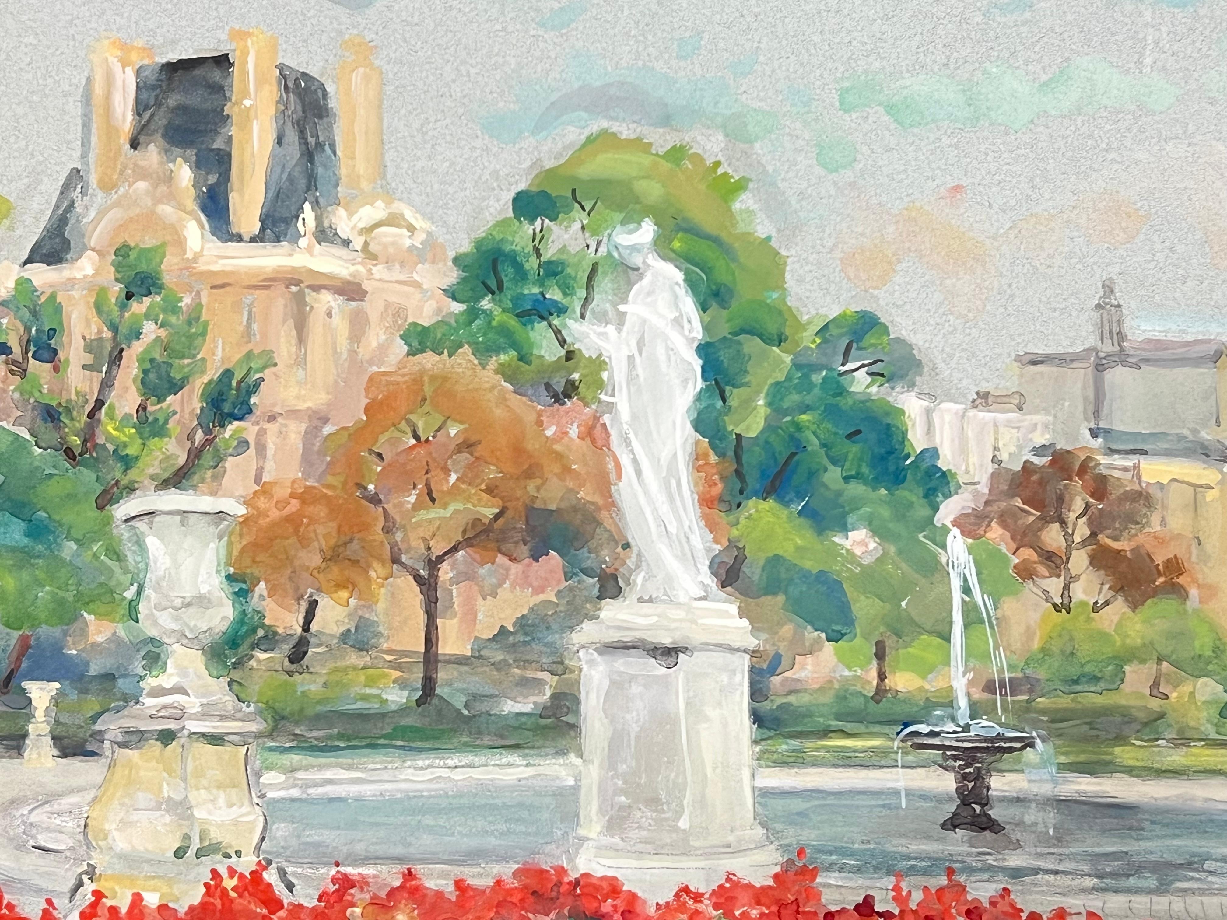 Jardins du Tuilieries Paris Park Szene Blumen & The Louvre 1950er Jahre Französisch Öl (Post-Impressionismus), Painting, von Regine David