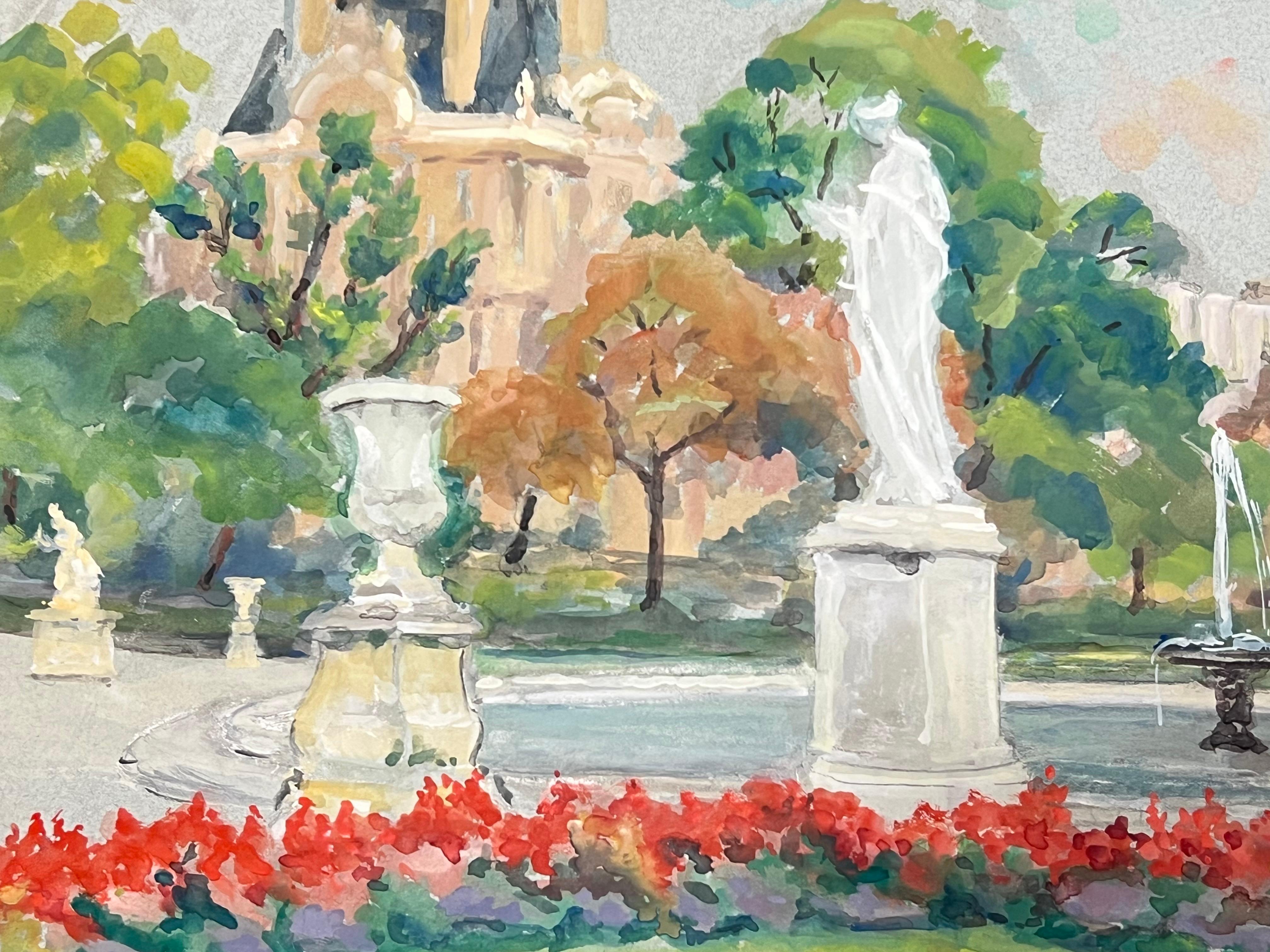 Jardins du Tuilieries Paris Park Szene Blumen & The Louvre 1950er Jahre Französisch Öl (Grau), Figurative Painting, von Regine David