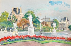 Jardins du Tuilieries Paris Park Scene Flowers & The Louvre 1950's French Oil