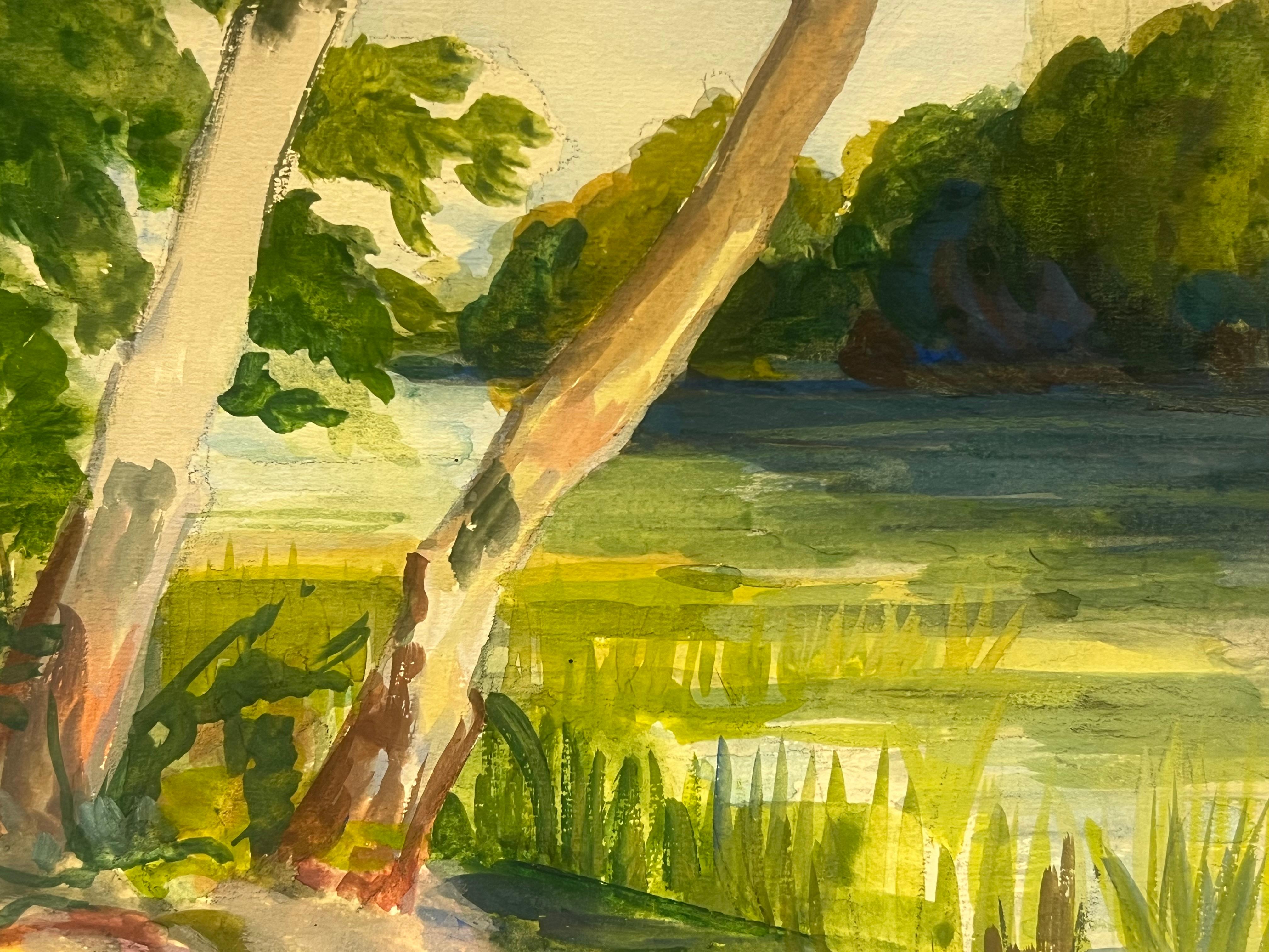 Lakeside Scene with Trees and Reeds Lush Watercolor Landscape - Painting by Regine David