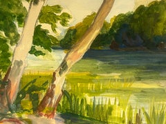 Lakeside Scene with Trees and Reeds Lush Watercolor Landscape