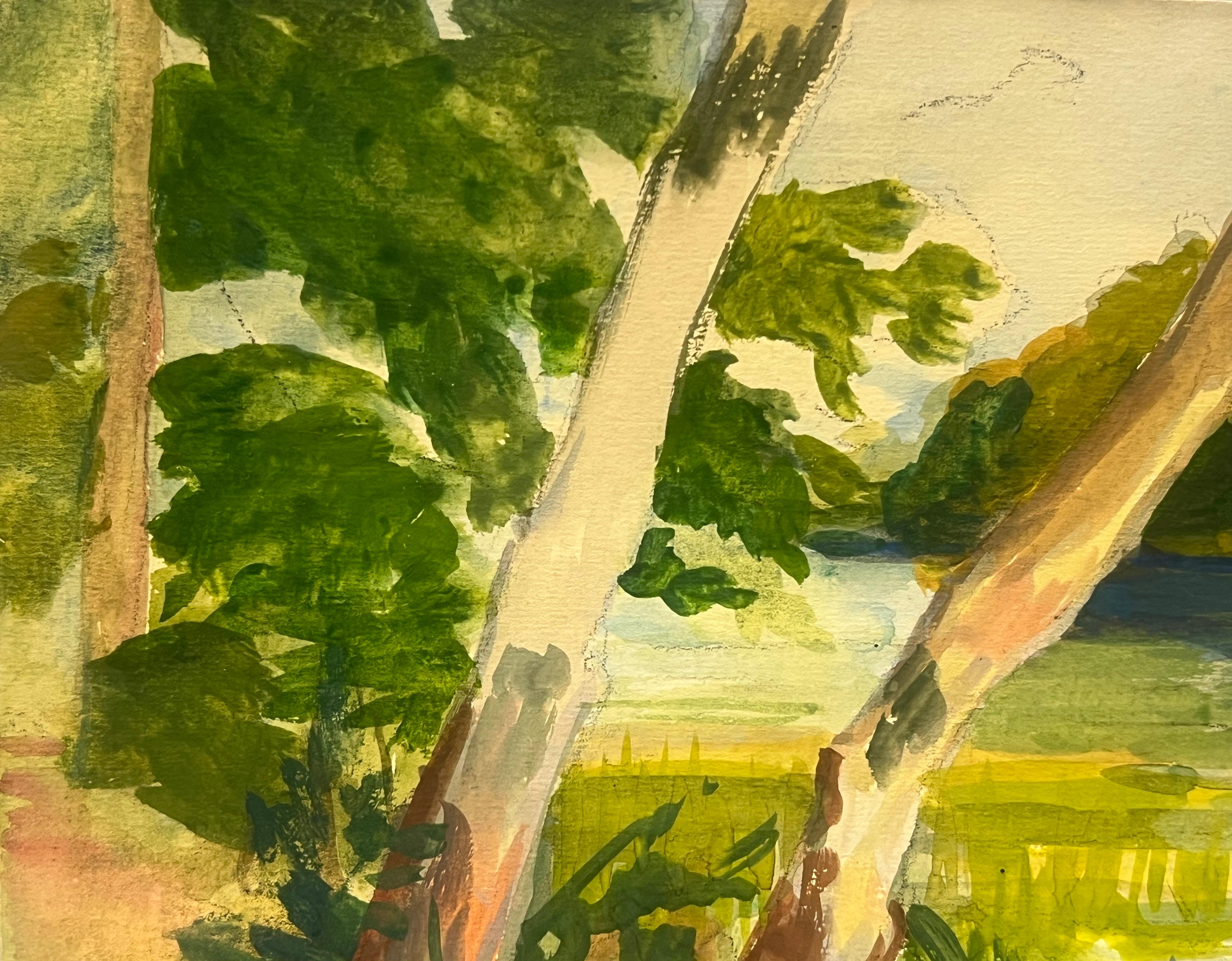 Lakeside Scene with Trees and Reeds Lush Watercolor Landscape - Post-Impressionist Painting by Regine David