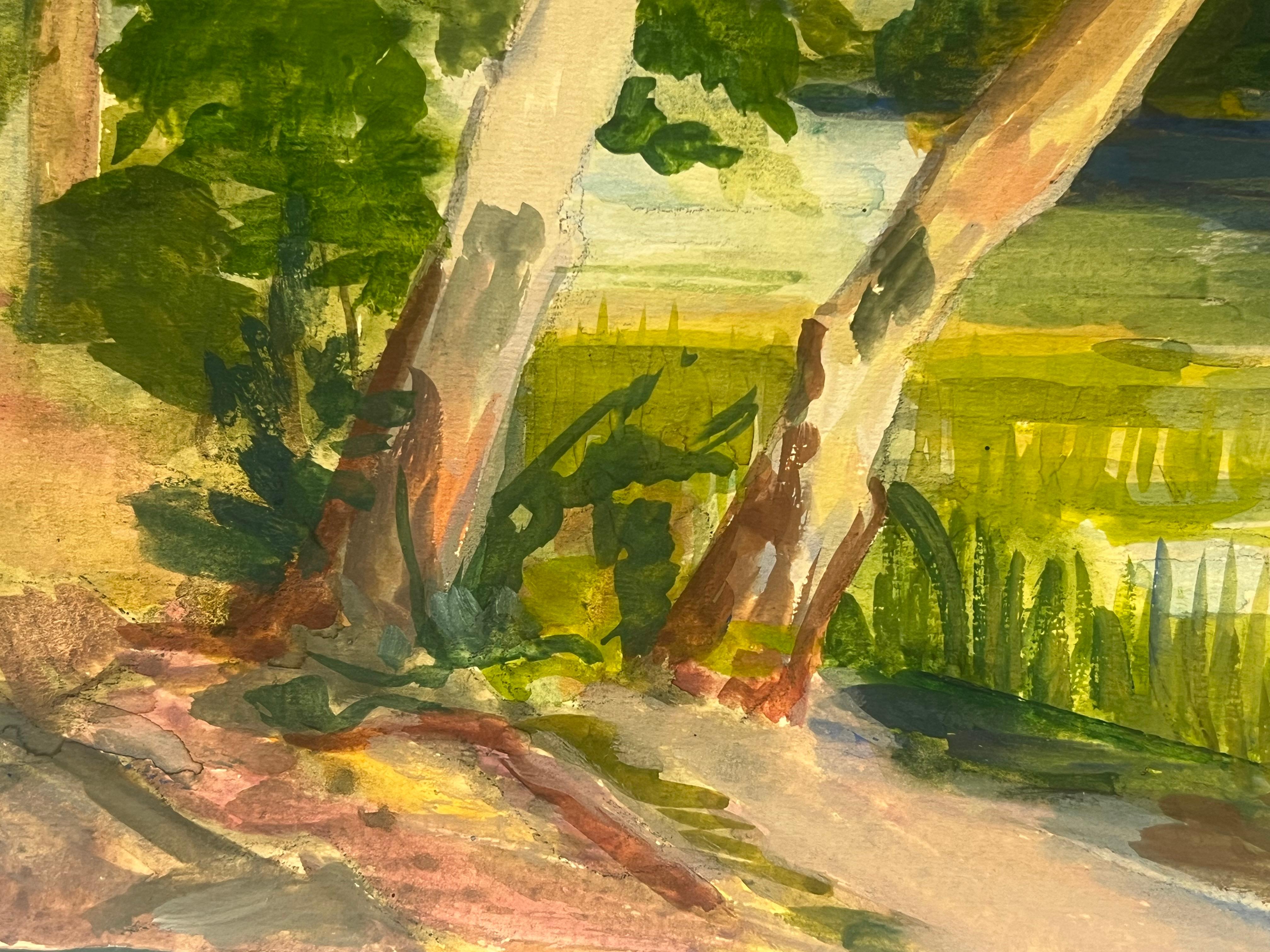 Lakeside Scene with Trees and Reeds Lush Watercolor Landscape - Brown Landscape Painting by Regine David