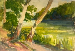 Scena lacustre con alberi e canne Paesaggio acquerellato