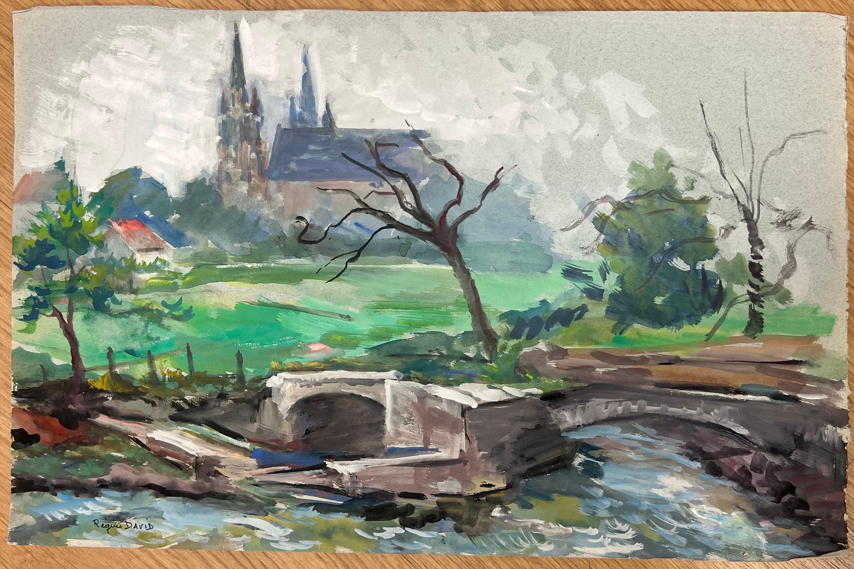 Paesaggio di campagna francese con ponte di pietra e cattedrale in lontananza - Painting di Regine David