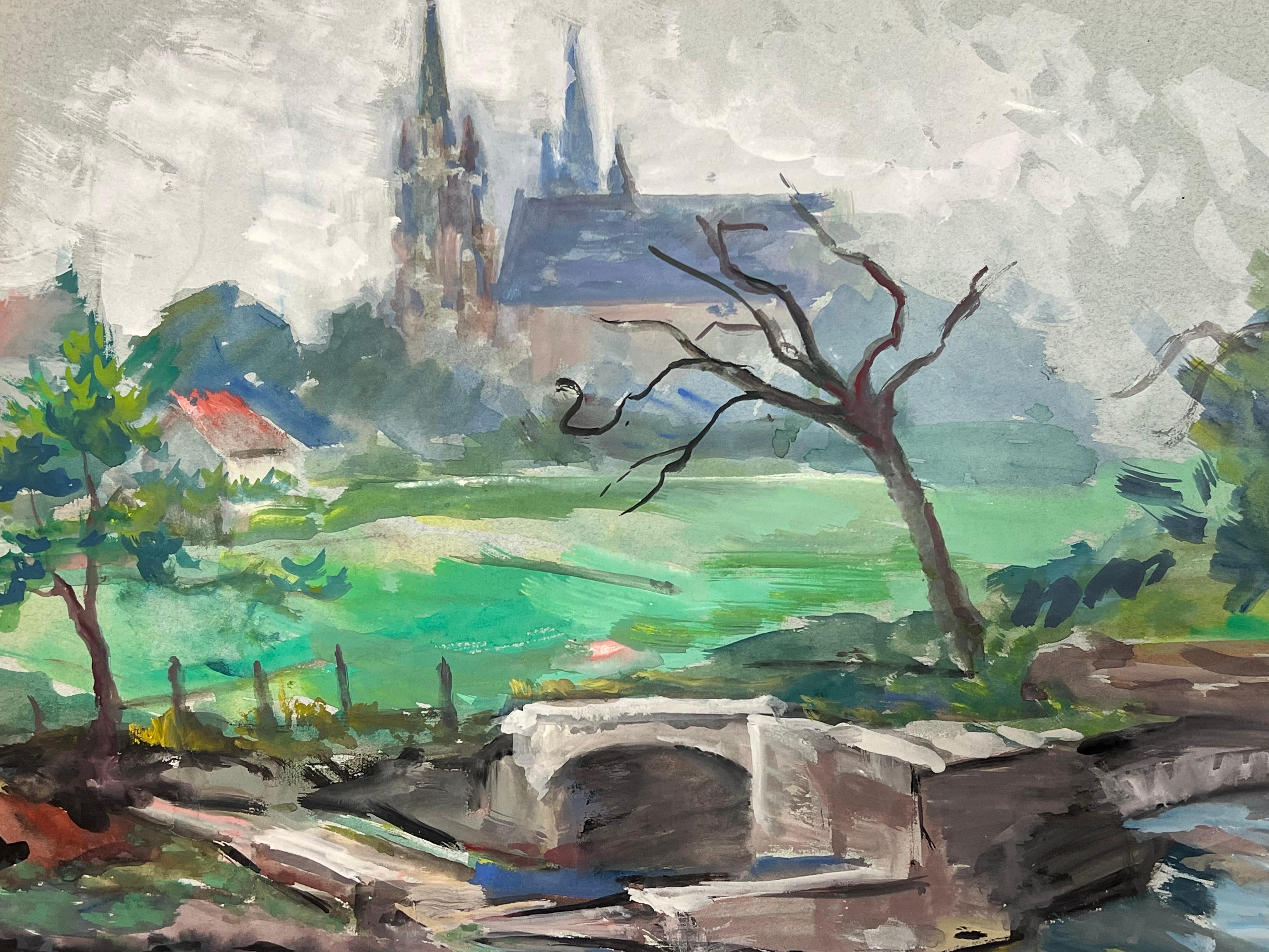 Paesaggio di campagna francese con ponte di pietra e cattedrale in lontananza - Painting Postimpressionismo di Regine David