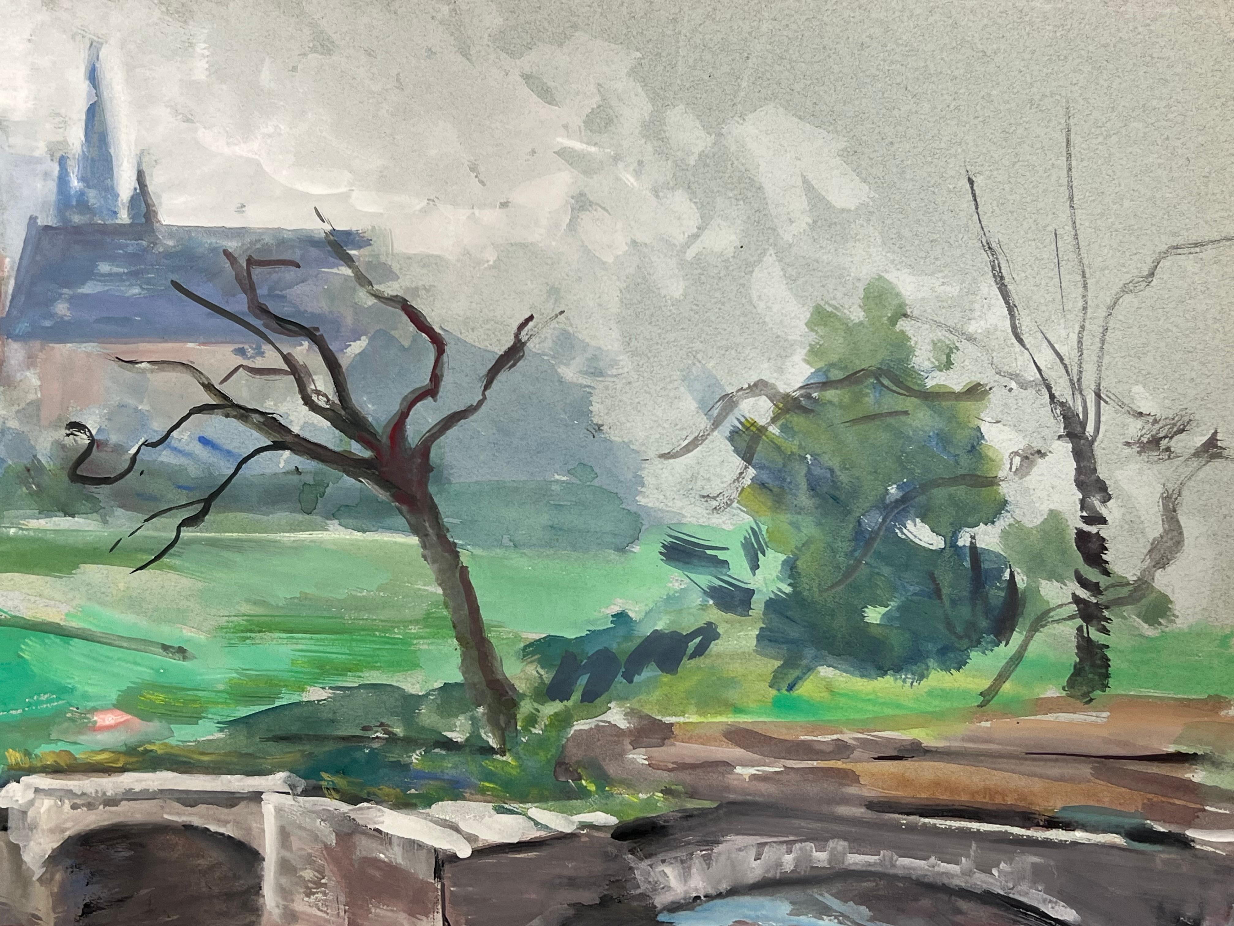 Paesaggio di campagna francese con ponte di pietra e cattedrale in lontananza - Figurative Painting Grigio di Regine David