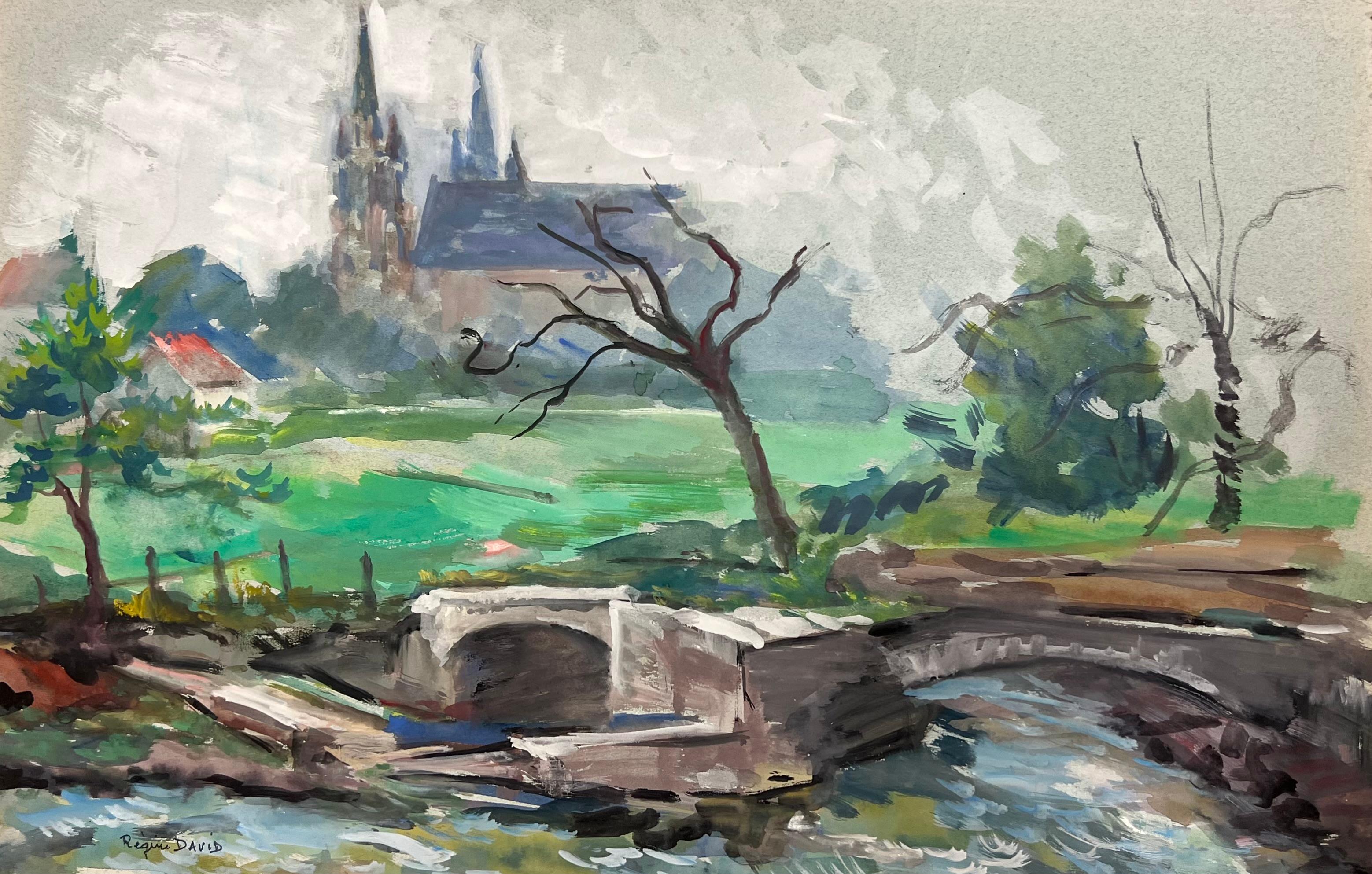 Landscape of a French Countryside with Stone Bridge and Cathedral In Distance