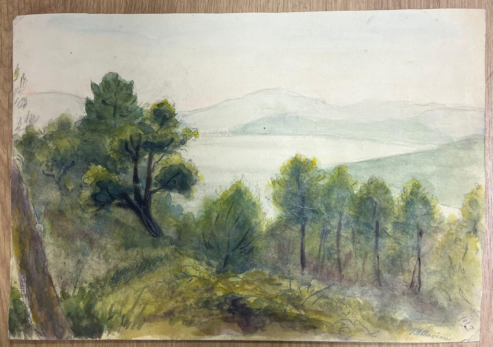 Landscape with a Dense Grove of Evergreen Trees Overlooking Misty Hills - Painting by Regine David