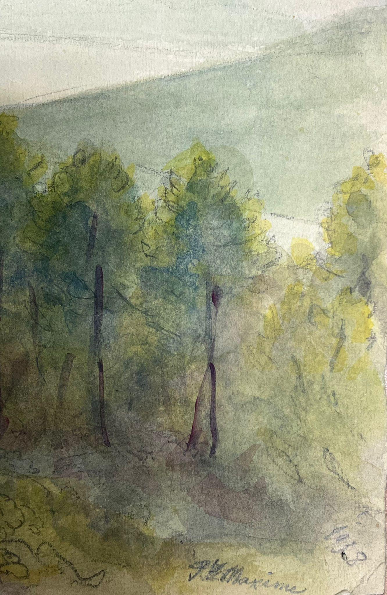Landscape with a Dense Grove of Evergreen Trees Overlooking Misty Hills - Post-Impressionist Painting by Regine David