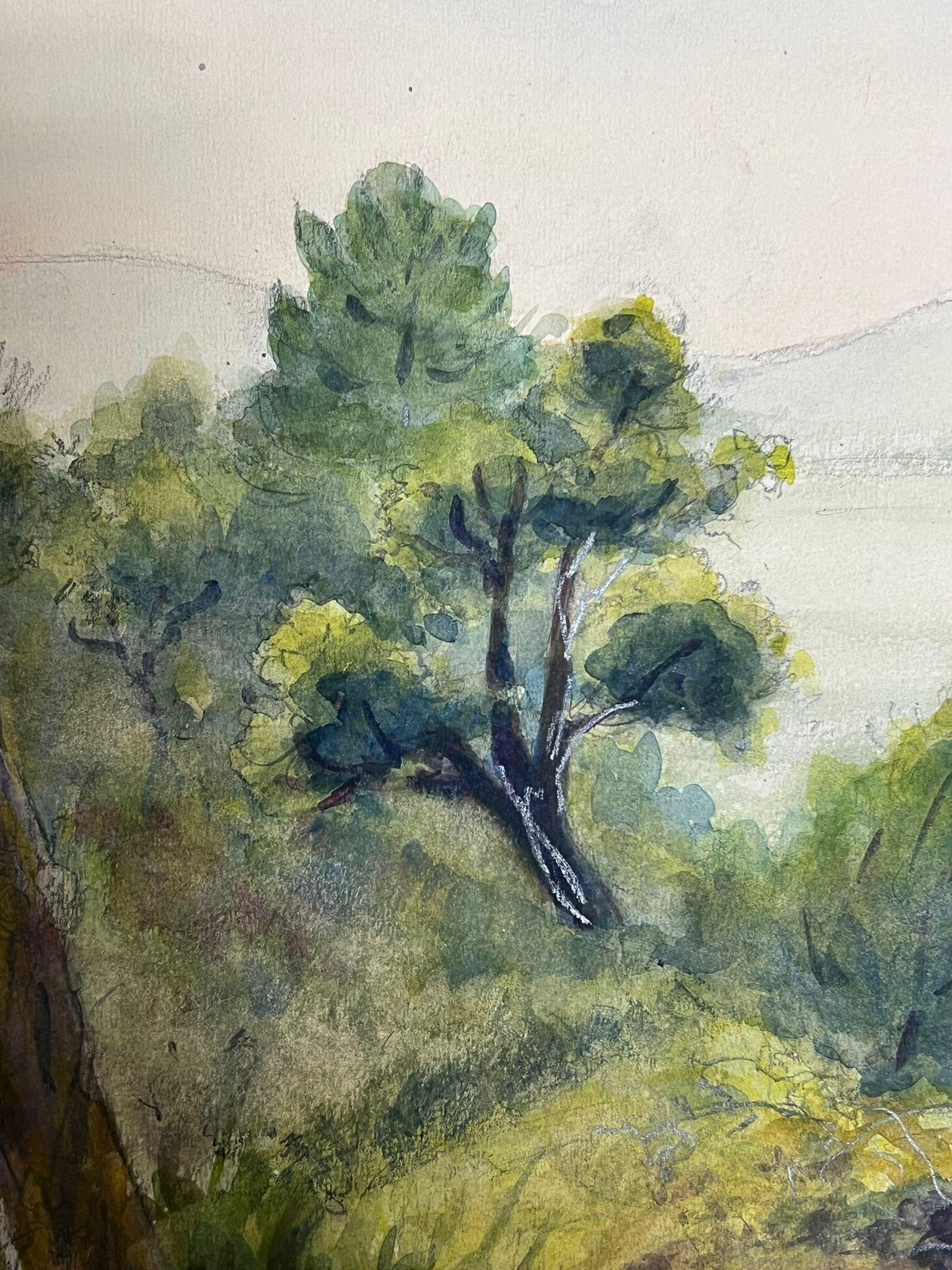 Landscape with a Dense Grove of Evergreen Trees Overlooking Misty Hills - Gray Landscape Painting by Regine David