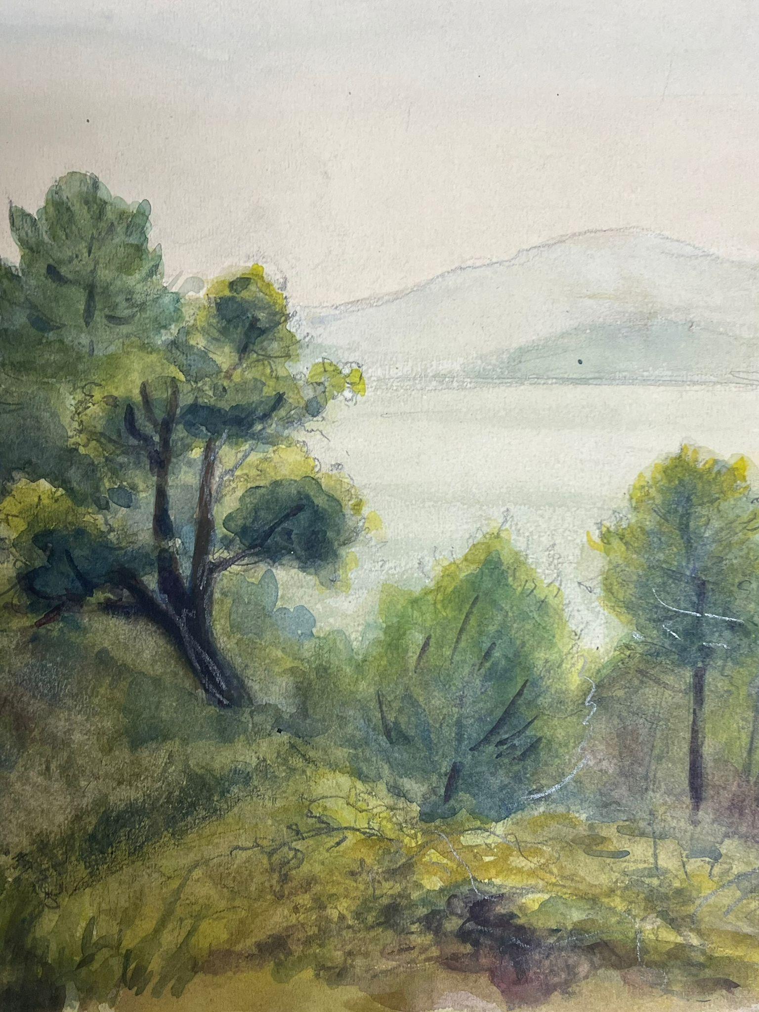 Serene Landscape
by Regine David (female French artist, 1910-2018)
watercolour painting on artist paper
1938
painting: 10 x 14 inches
condition: This painting is in excellent condition, with vibrant colors and well-preserved details. The painting is