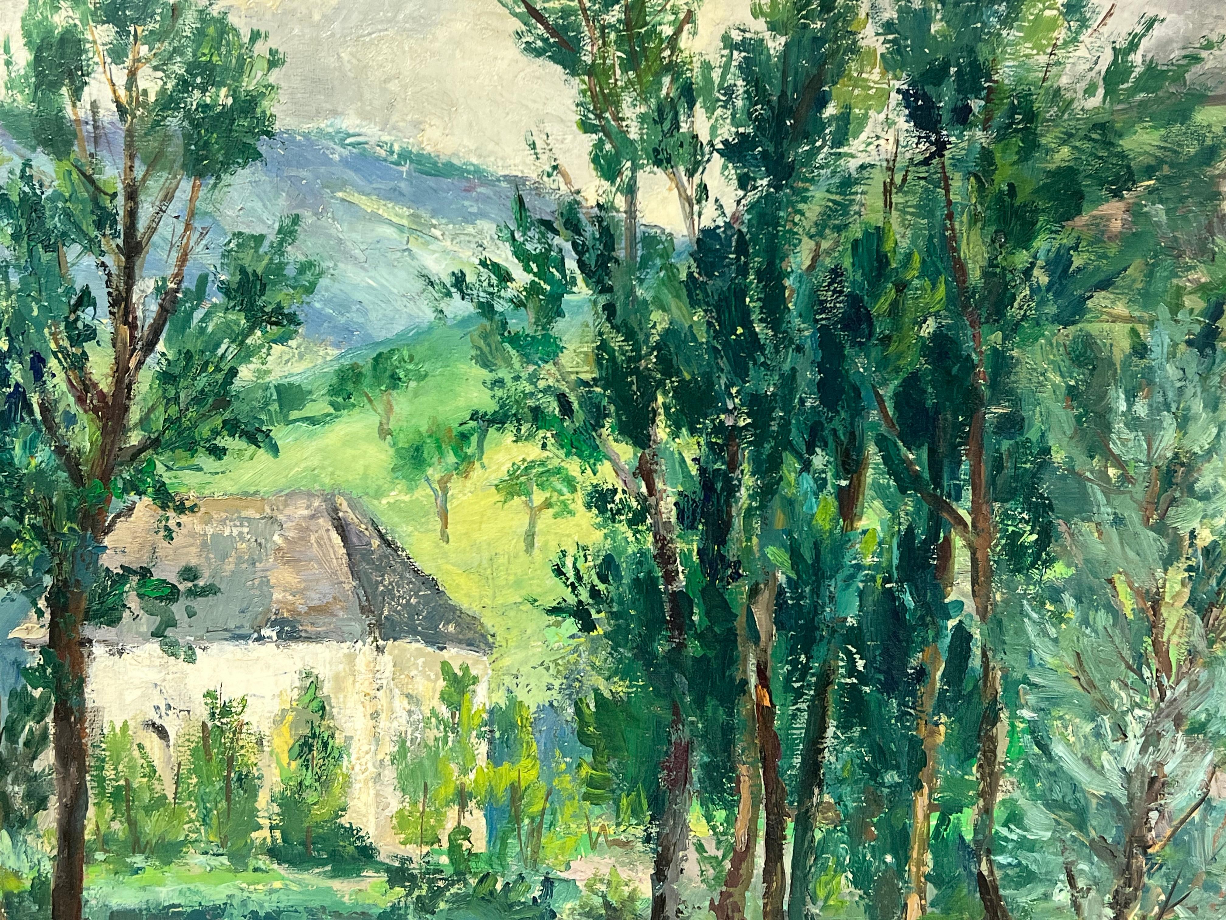 Lush Green Landscape with Tall Trees Framing a Quaint Country House - Painting by Regine David