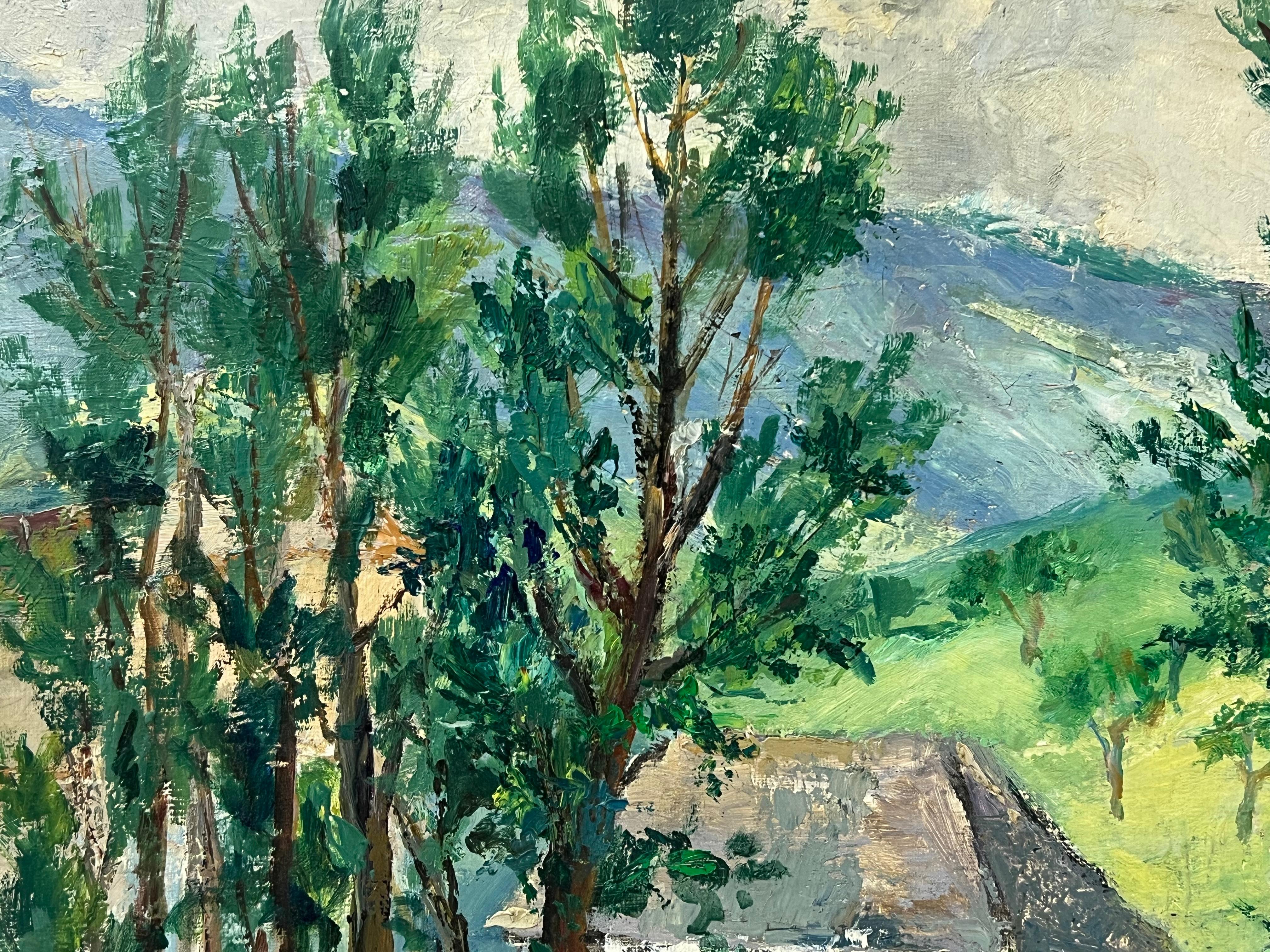 Lush Green Landscape with Tall Trees Framing a Quaint Country House - Post-Impressionist Painting by Regine David