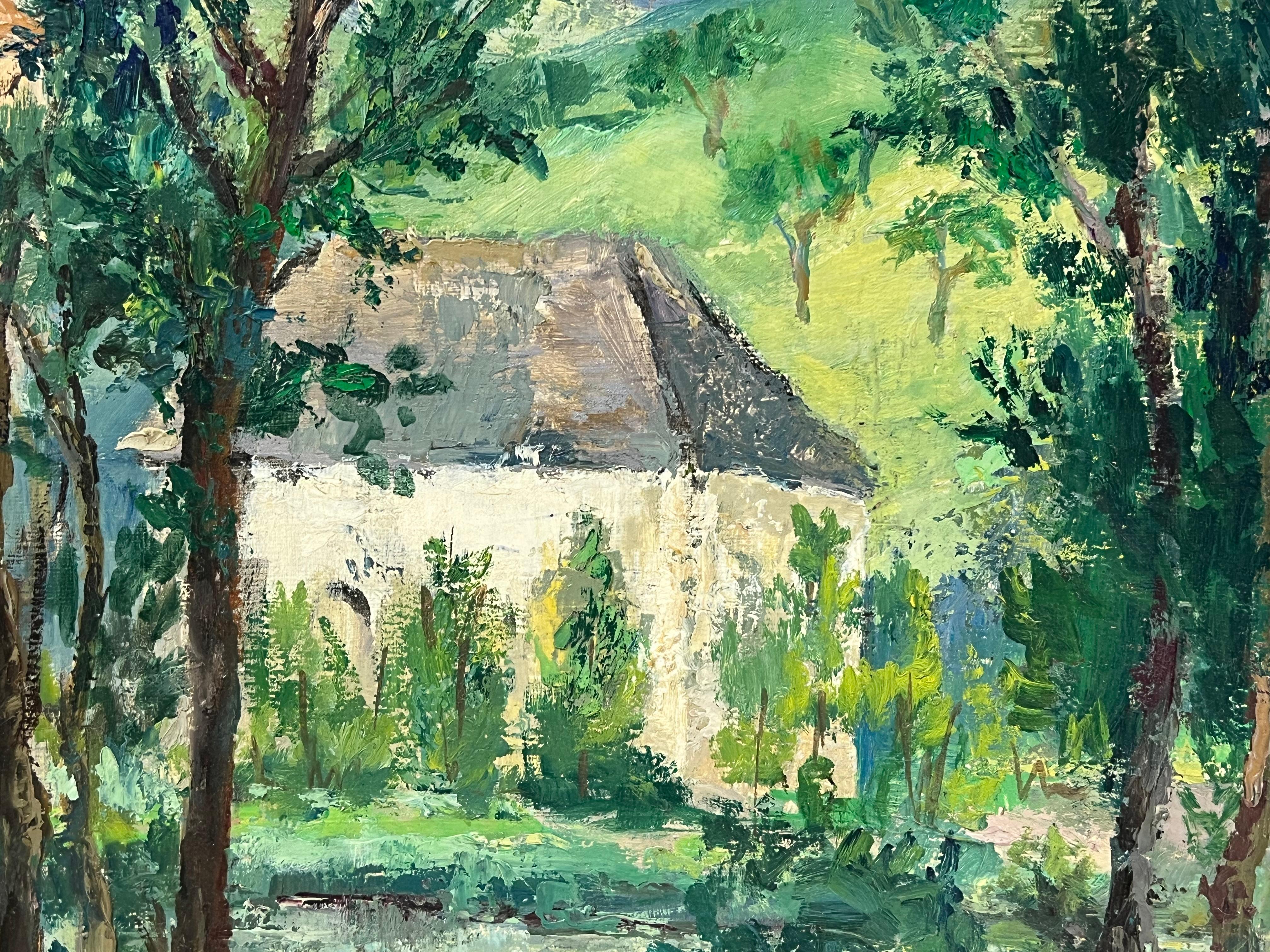 Lush Green Landscape with Tall Trees Framing a Quaint Country House - Gray Landscape Painting by Regine David