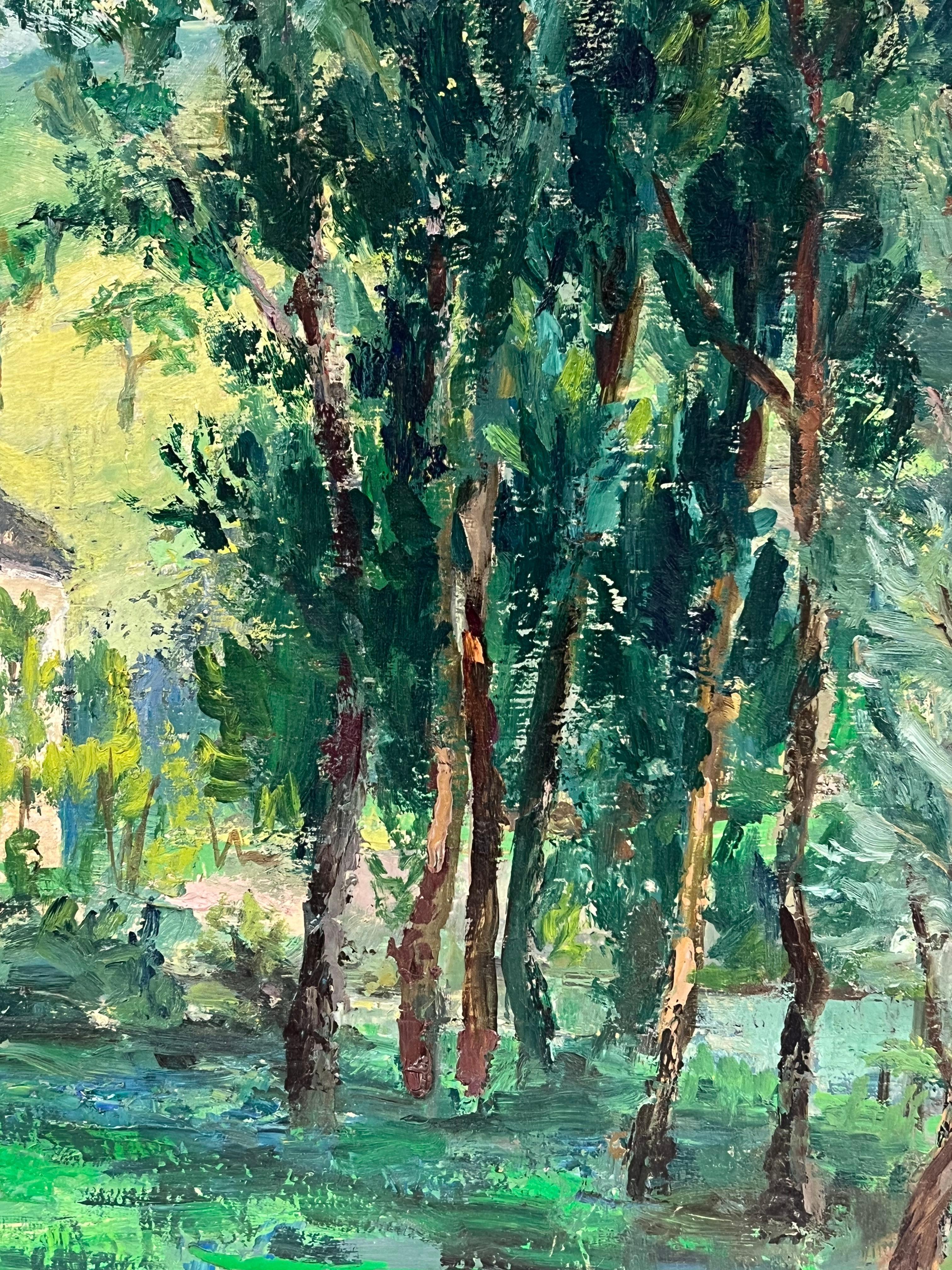 Green Country House Landscape
signed by Regine David (female French artist, 1910-2018)
oil painting on canvas, unframed
dated 57'
canvas: 20 x 24 inches
condition: This painting is in excellent condition, with vibrant colors and well-preserved