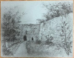 Medieval Stone Ruins with Archway Atmospheric Charcoal Drawing