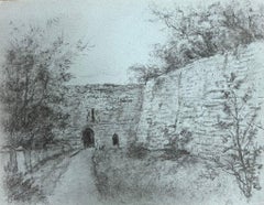 Ruinas medievales de piedra con arco Dibujo atmosférico a carboncillo