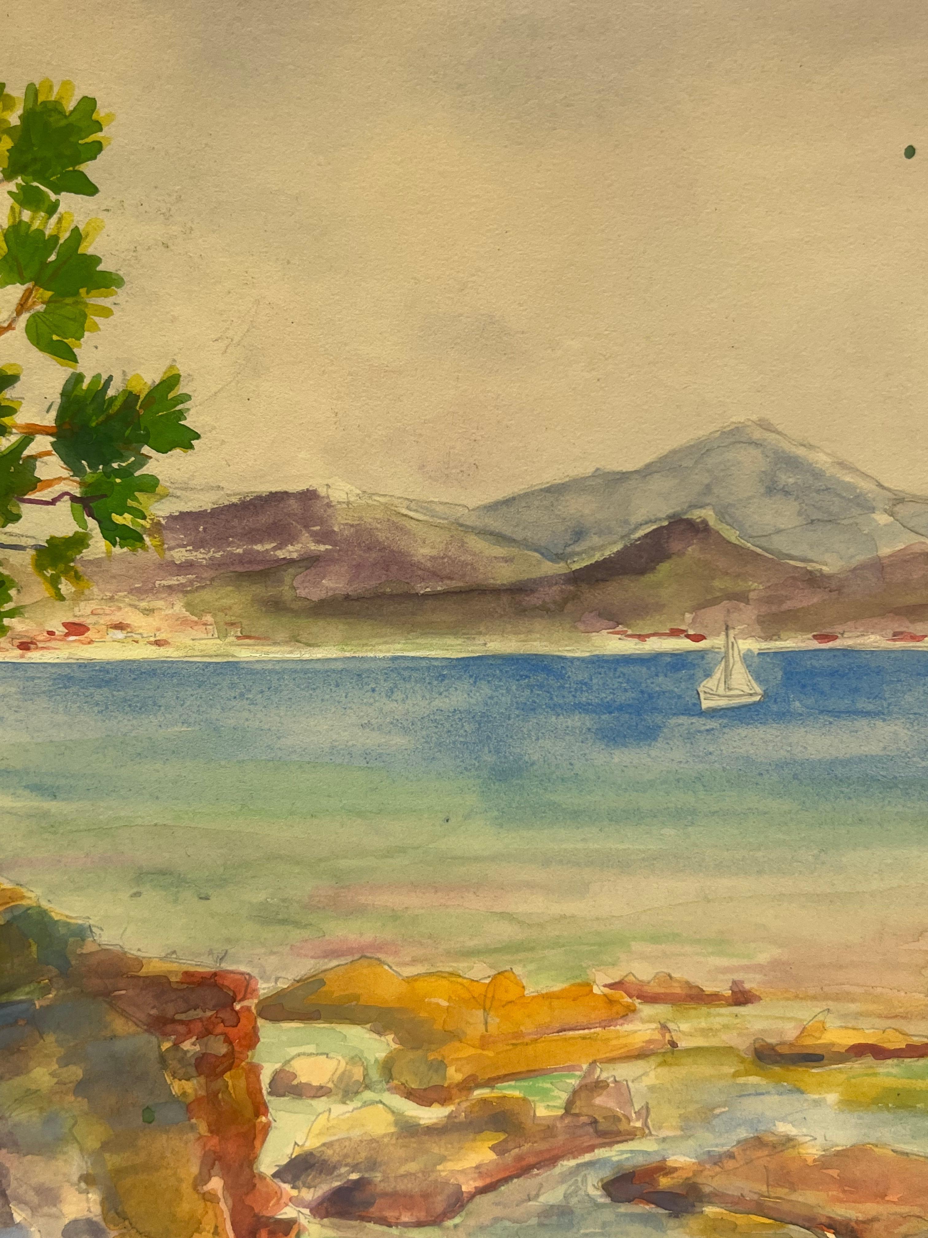Costa mediterranea con pino e barca a vela Paesaggio di St Tropez - Painting Postimpressionismo di Regine David