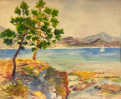 Mediterranean Coastline with Pine Tree and Sailboat St Tropez Landscape
