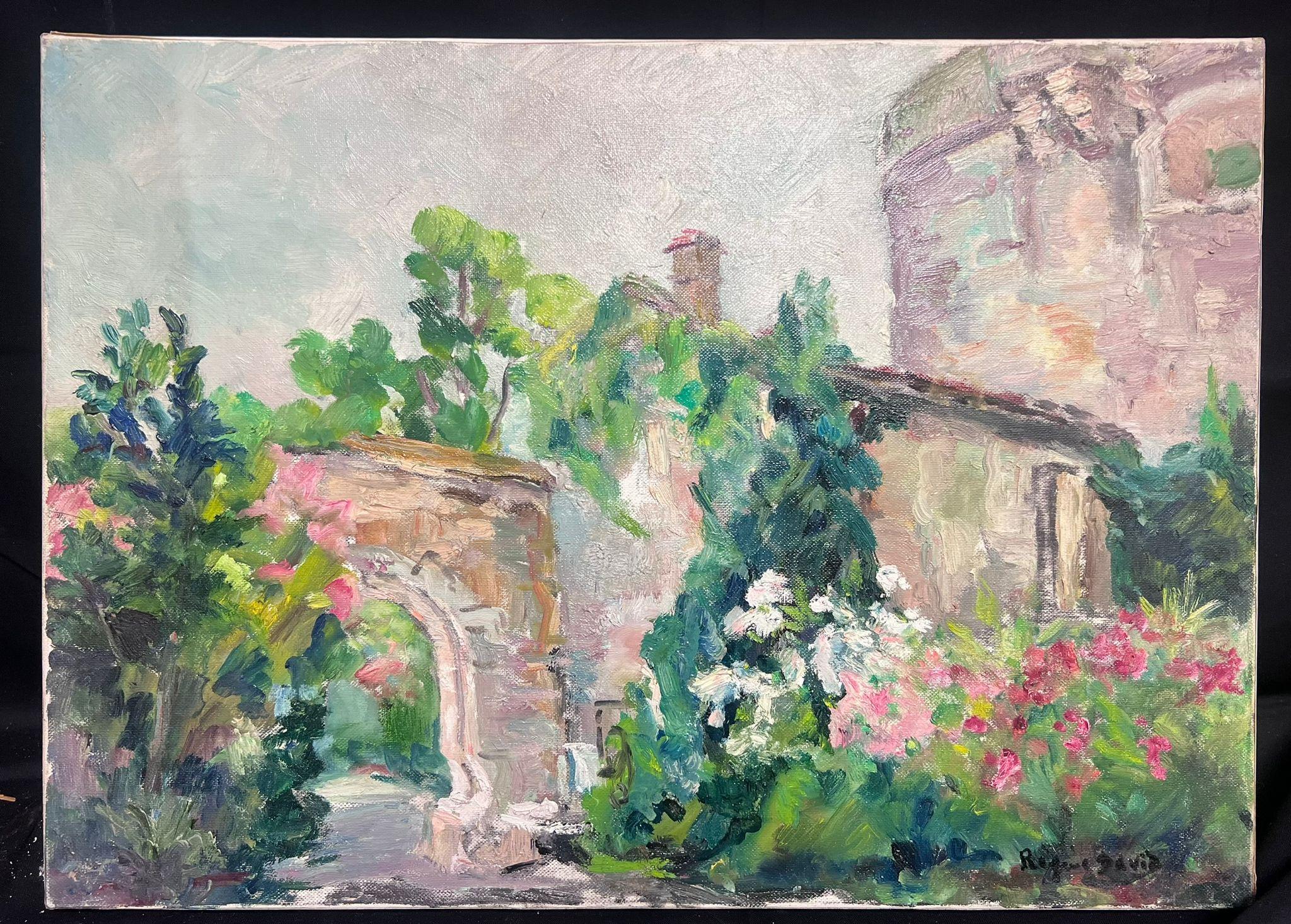 Mid 20th Cent French Post-Impressionist Oil Old Fortress Chateau Flower Gardens - Painting by Regine David
